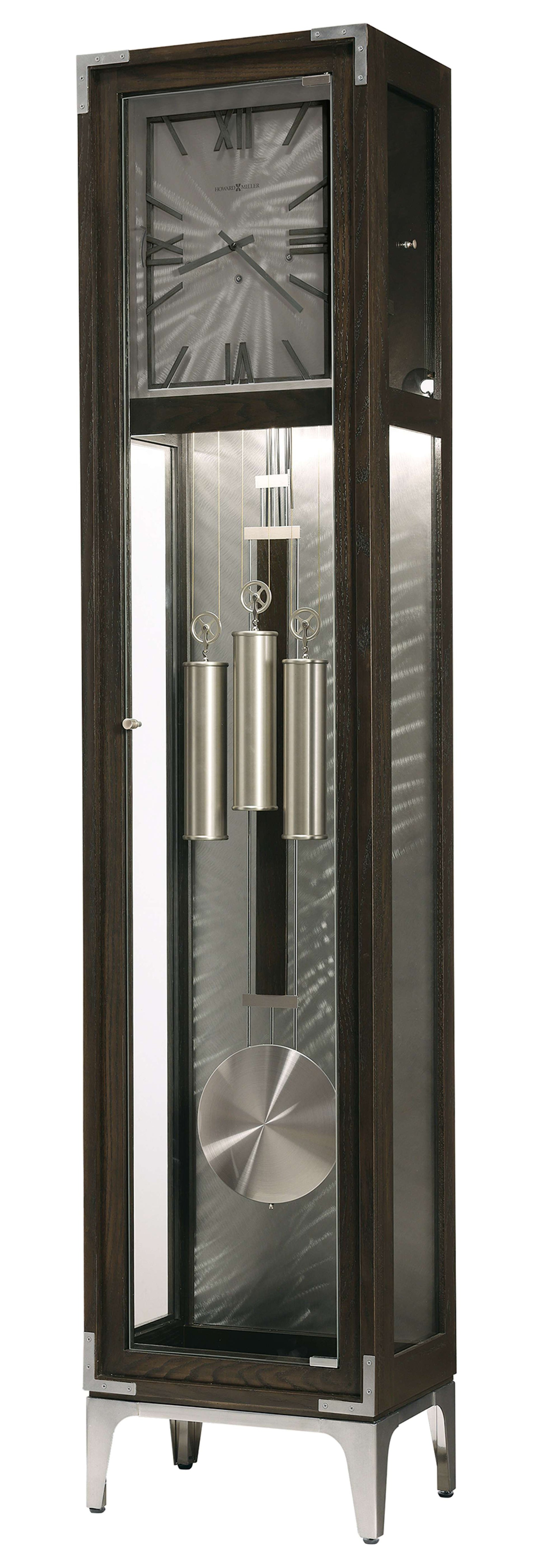 Tall modern grandfather clock with silver pendulum and weights.