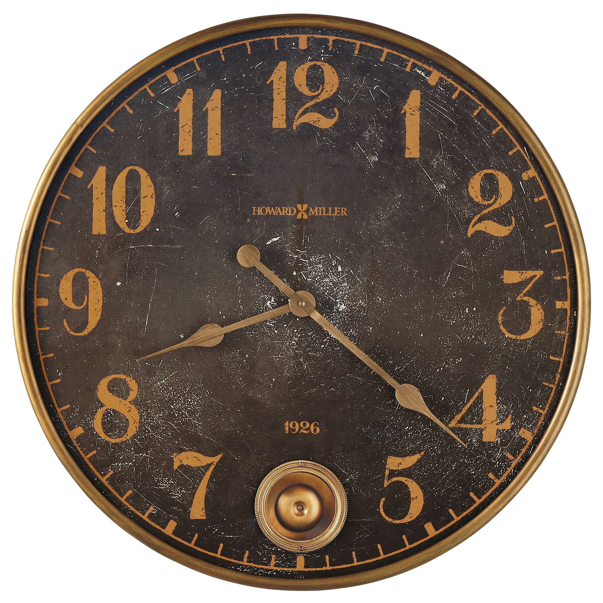 Vintage round wall clock with black face and gold numbers, indicating the time as 4:00.