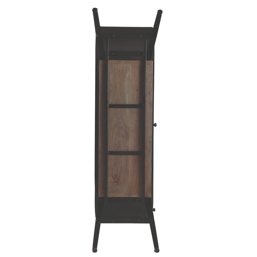 Tall black wooden cabinet with shelves and a minimalist design