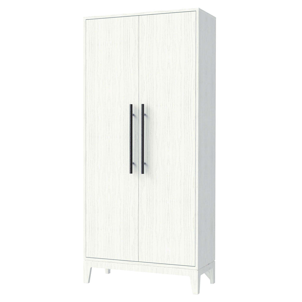 Modern white storage cabinet with black handles