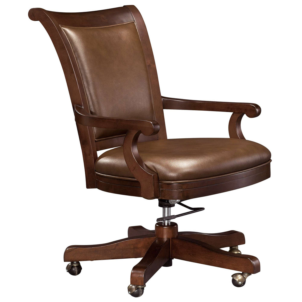 A vintage-style leather office chair with wooden armrests and a five-point caster base.