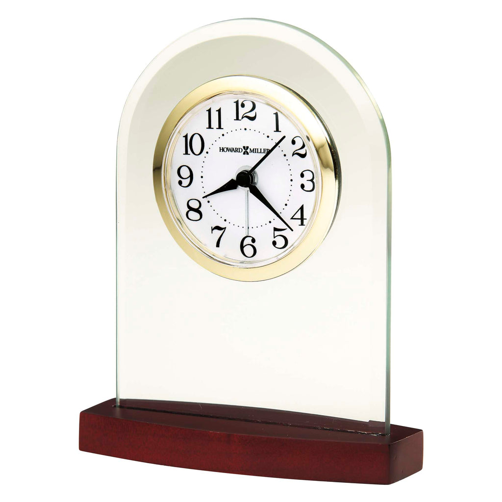 A decorative glass clock with a wooden base displaying the time.