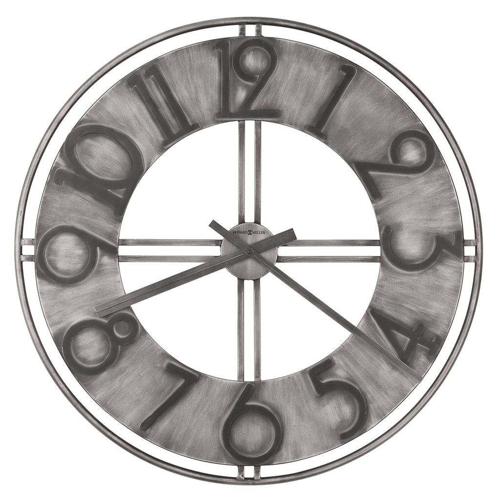 Wall clock with large black numbers on a silver background.