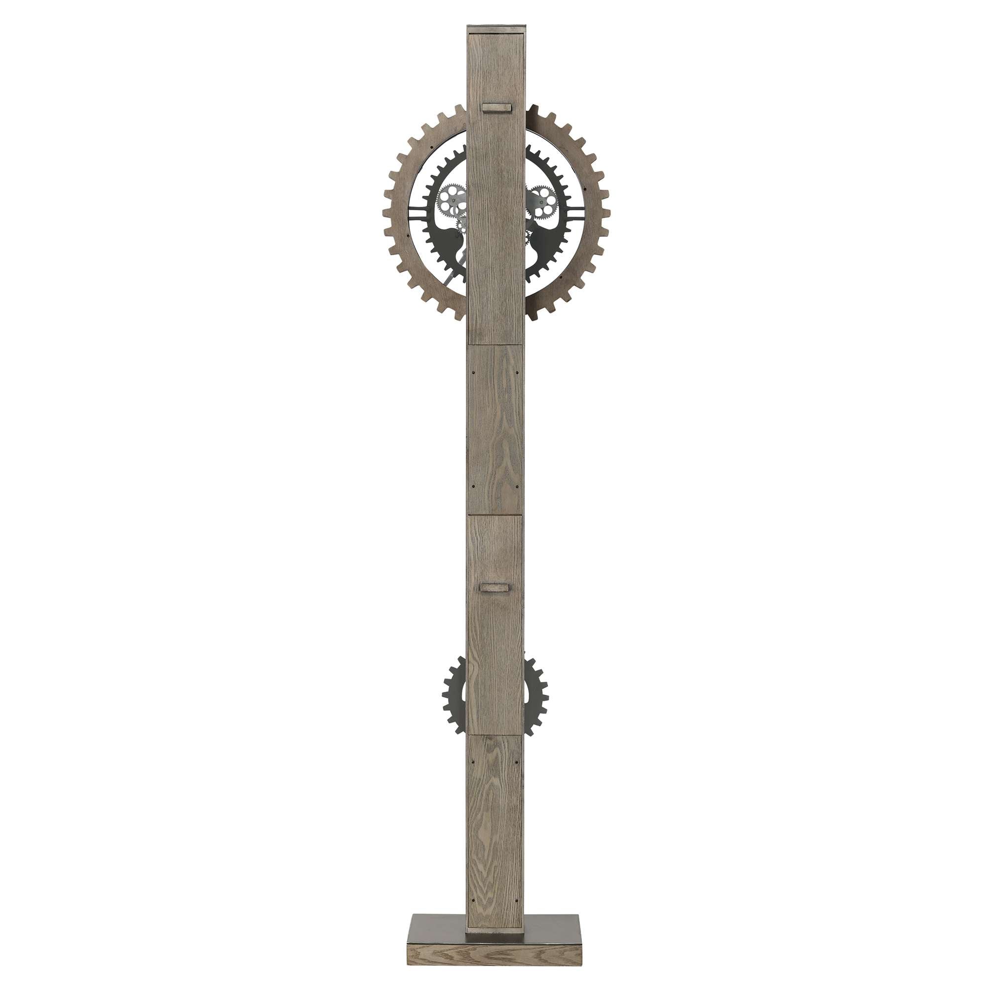 Tall, wooden clock with exposed gears