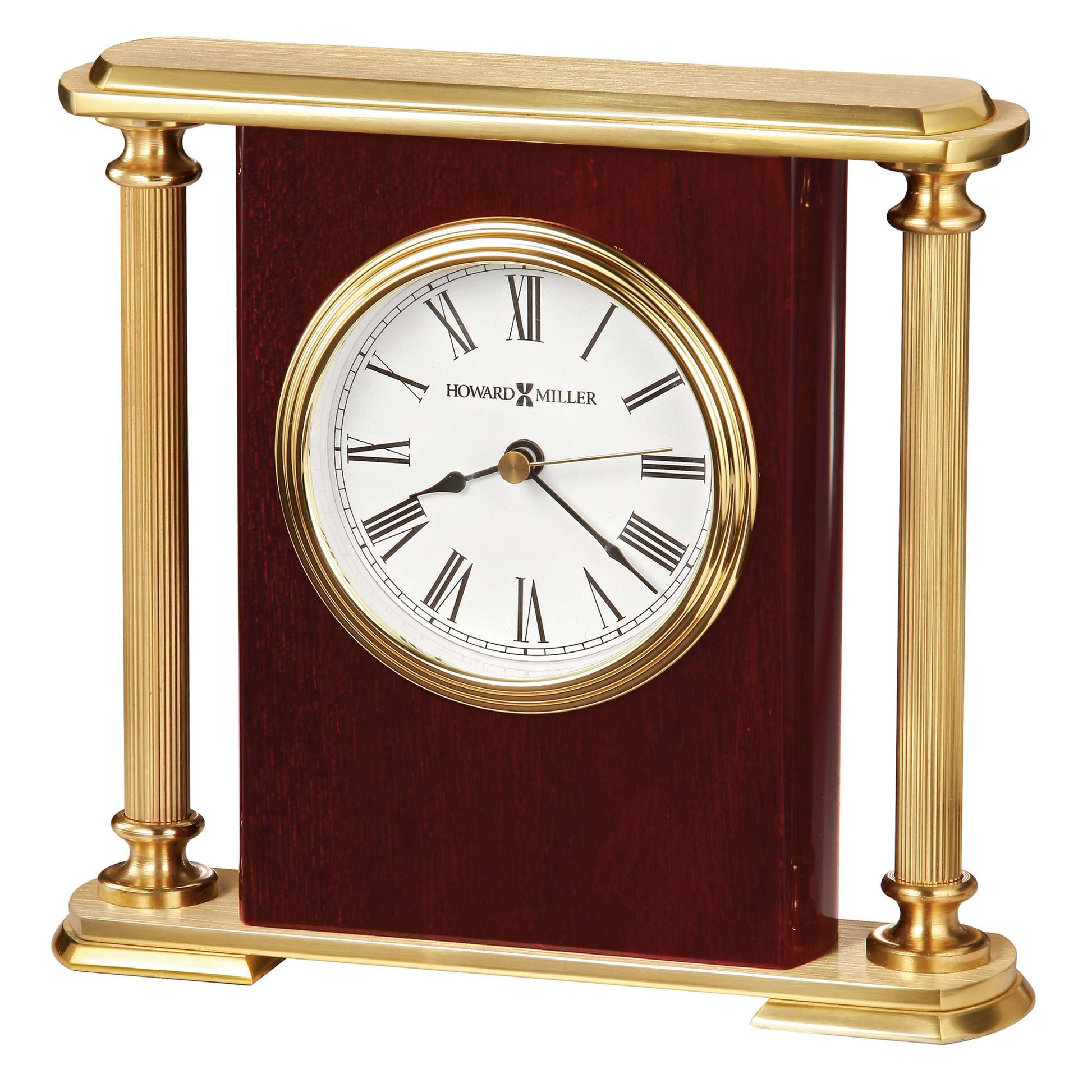 A classic desk clock with a wooden frame and gold accents.