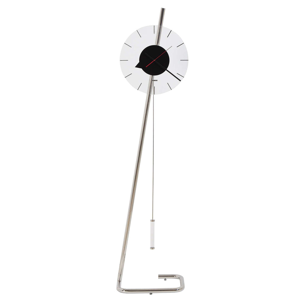 Modern floor clock with a minimalist design and a white circular face.