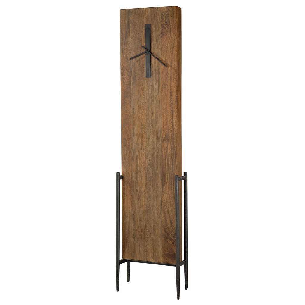 Tall wooden wall clock with minimalist design and metal stand
