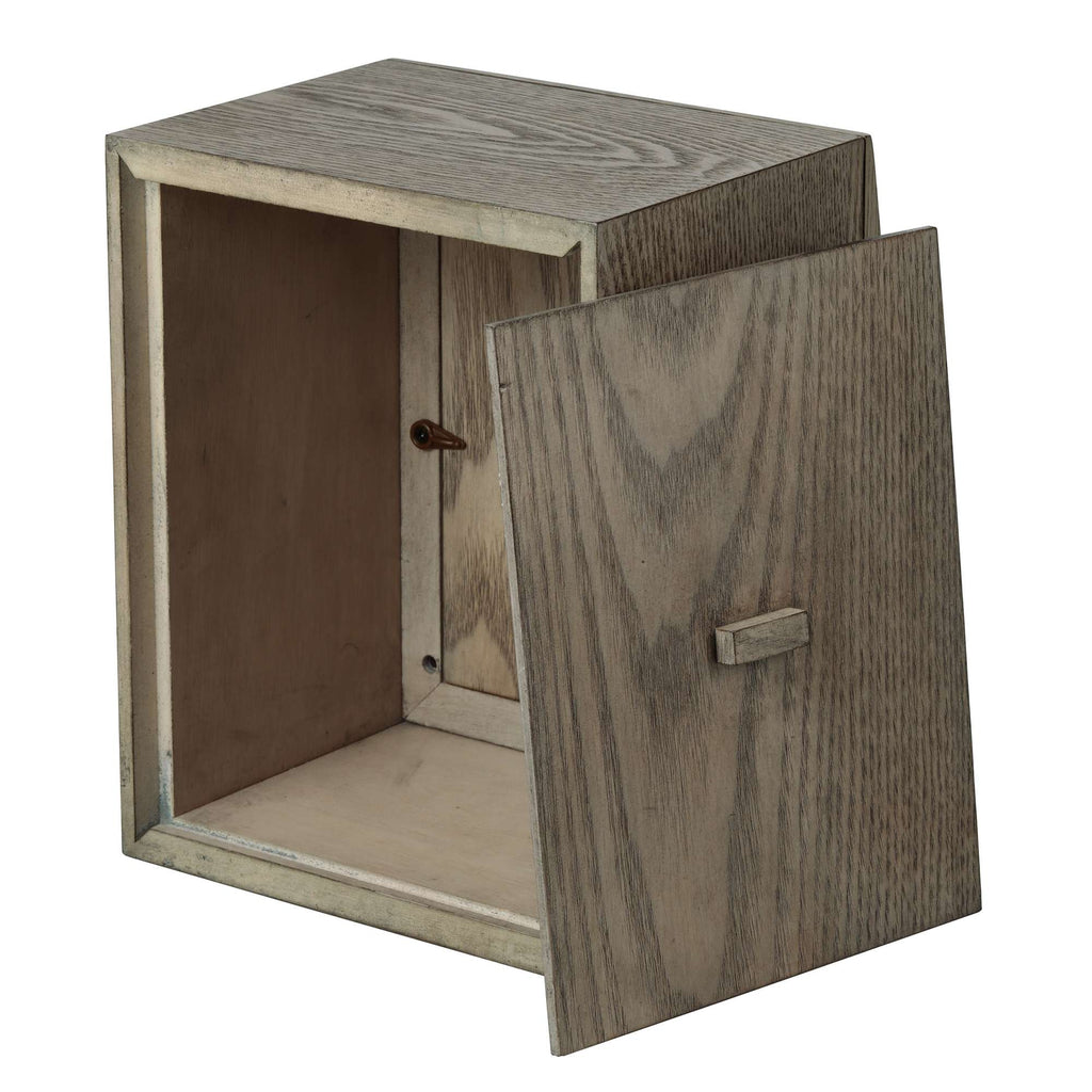 A wooden box with one door slightly open, showing an empty interior.