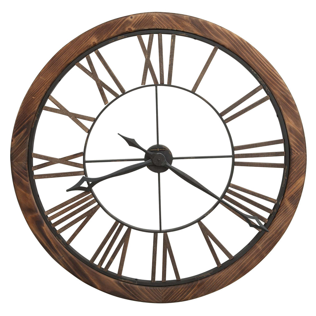 Round wooden wall clock with Roman numerals and black metal hands.