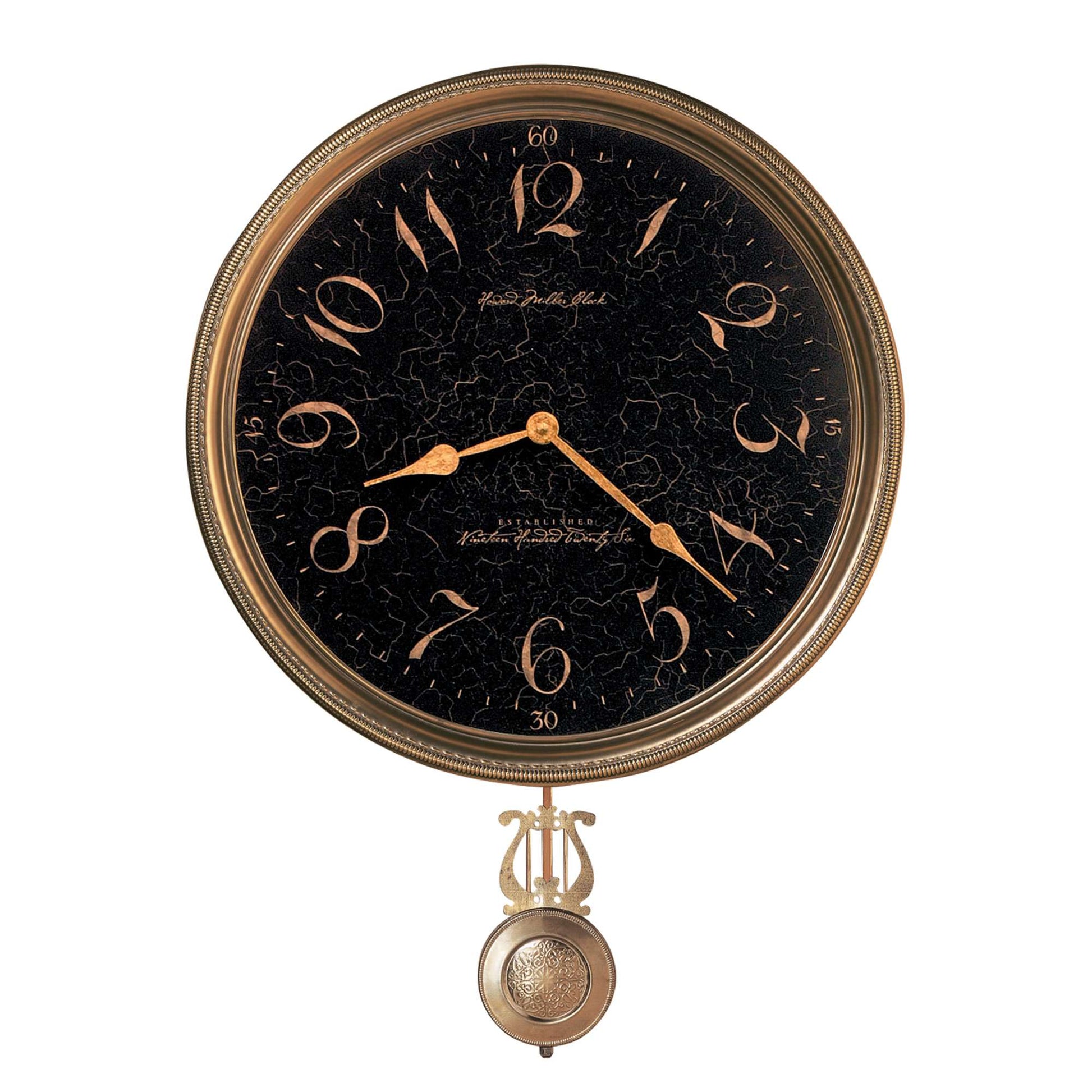 A classic round wall clock with a black background and gold accents.