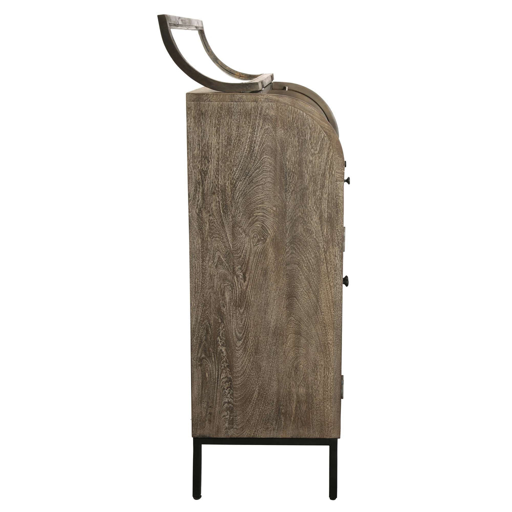 Side view of a tall, wooden cabinet with a curved top and metal legs.