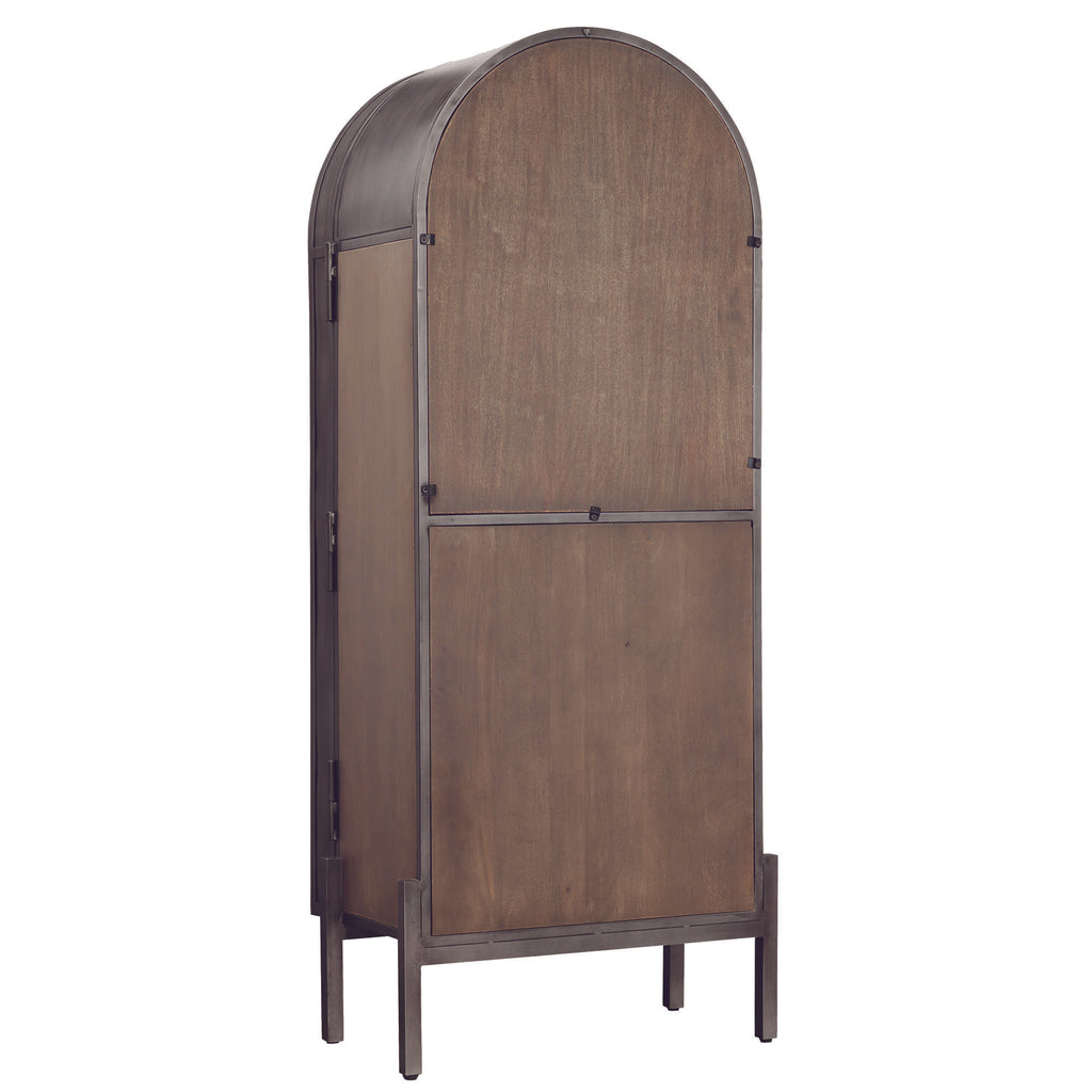 A tall, arched metal cabinet with a wooden finish.
