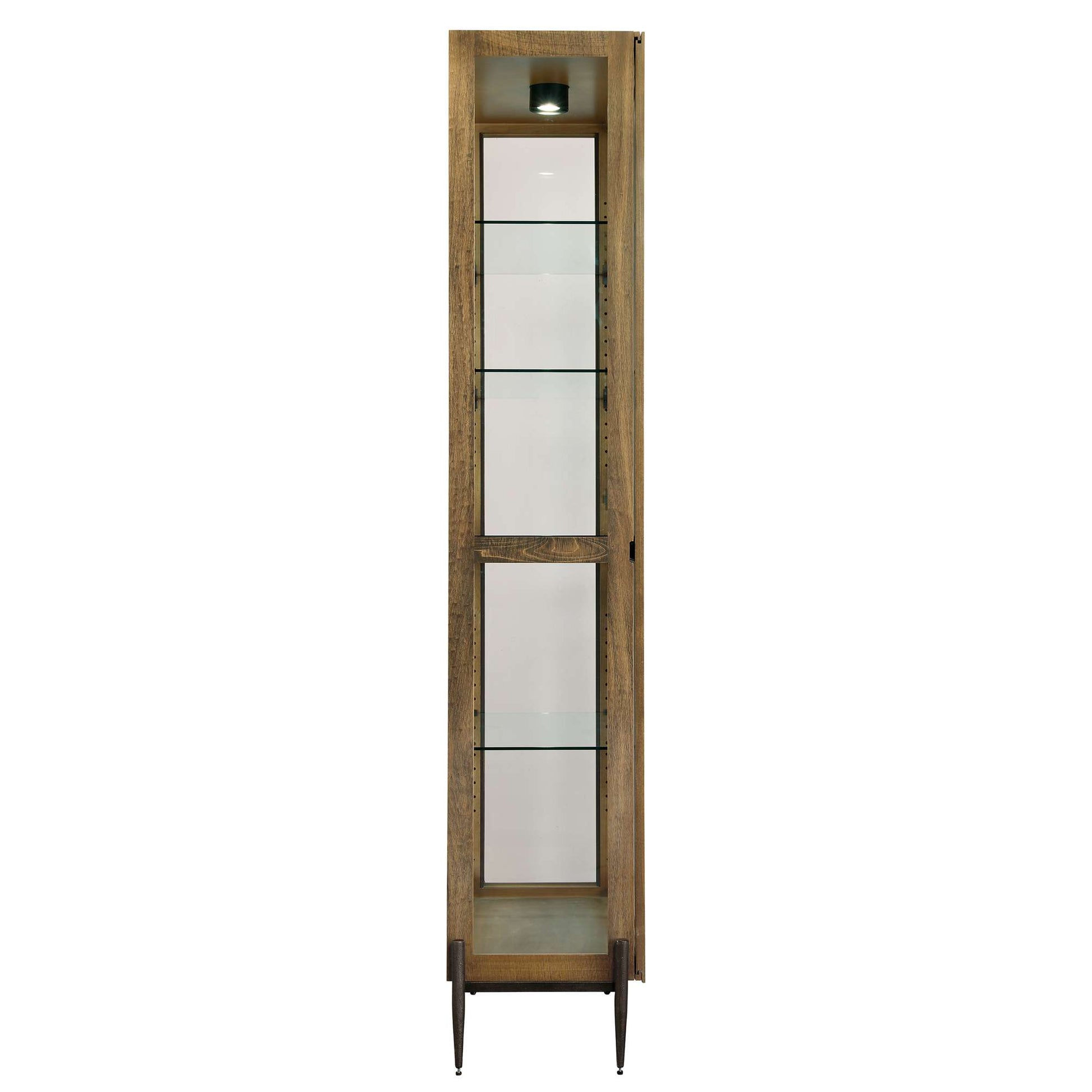 Tall wooden display cabinet with glass shelves