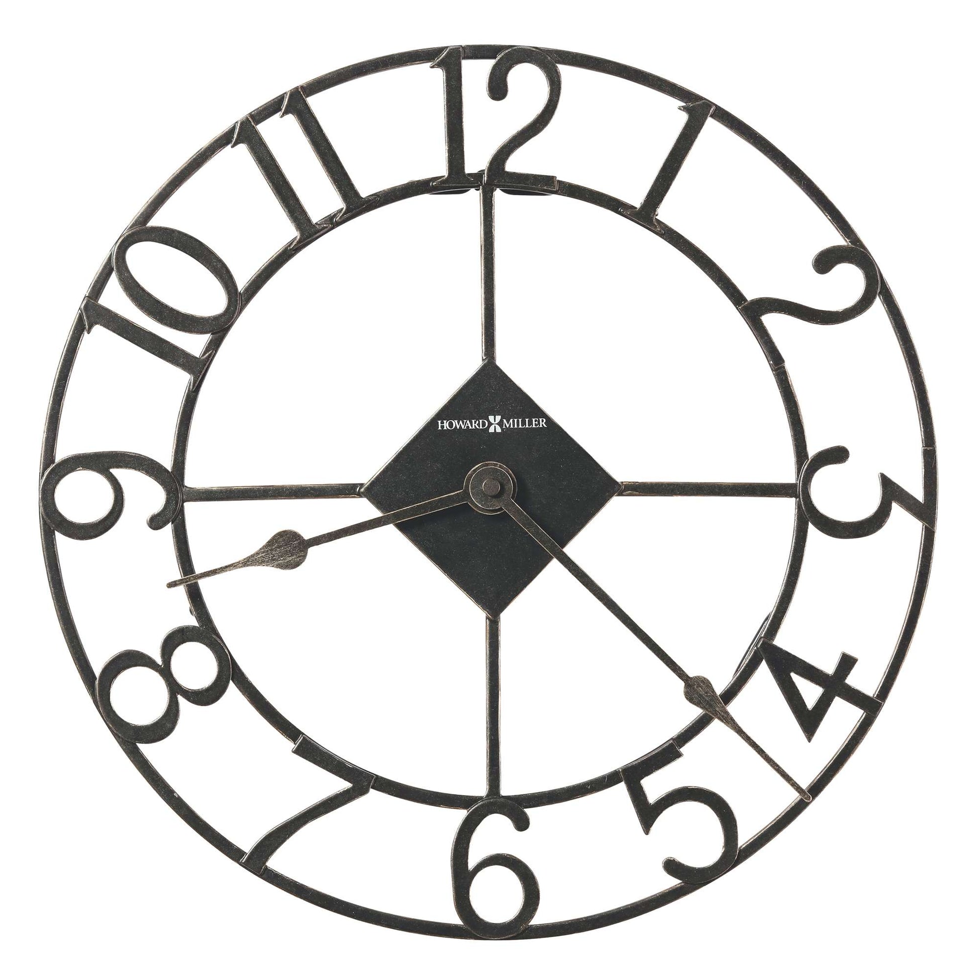 A decorative wall clock with a black metal frame and large Roman numerals.