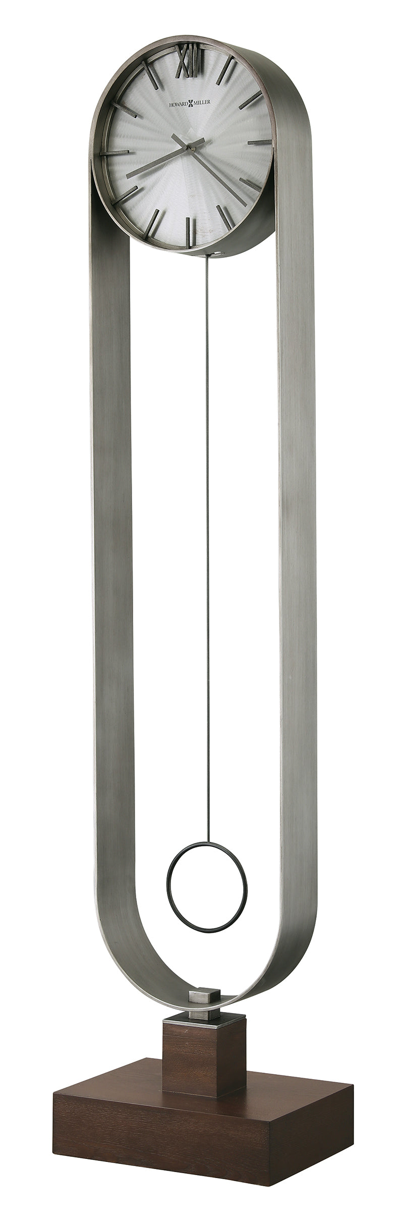 Modern wall clock with a sleek design featuring a round face and a long hanging pendulum.