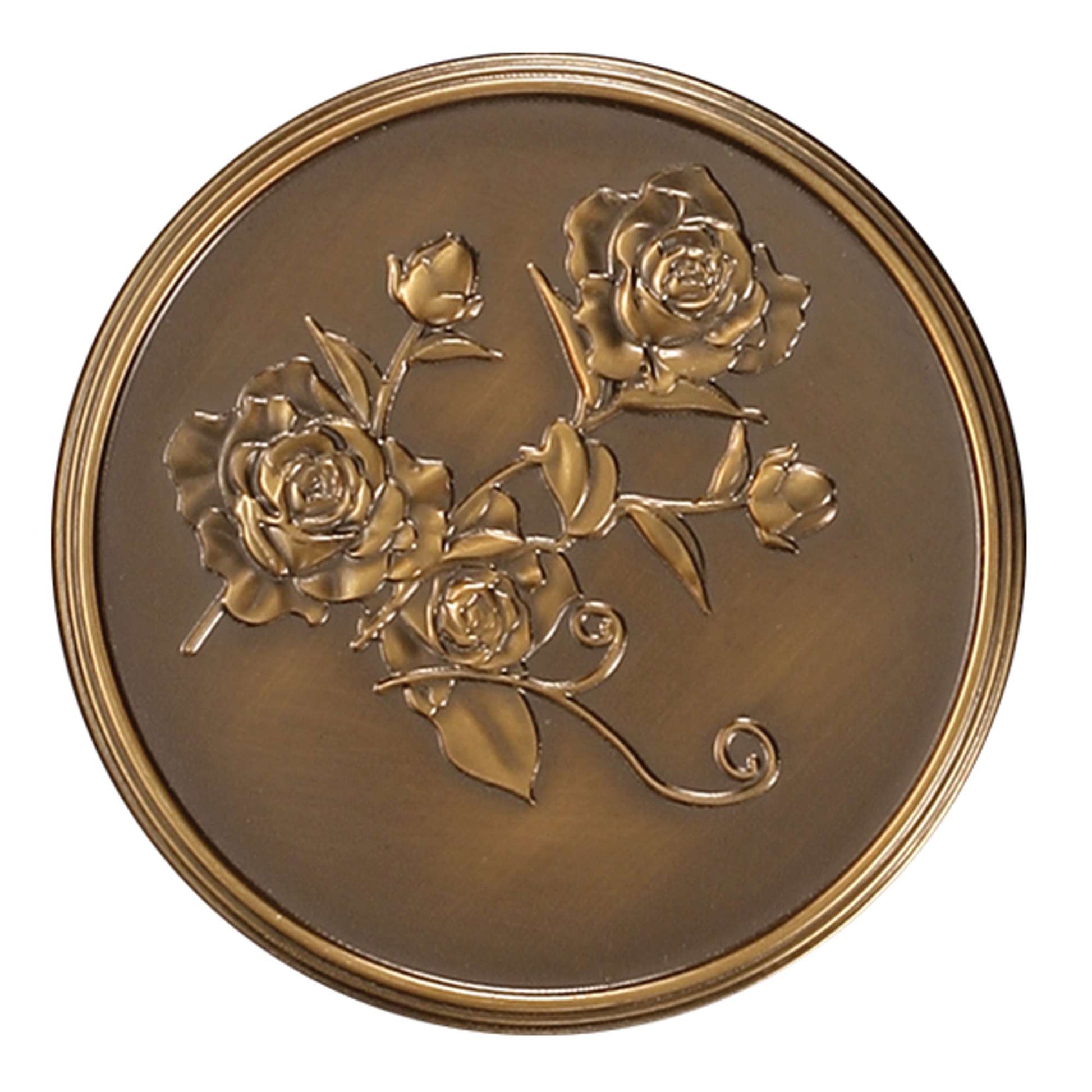 A decorative bronze medallion featuring three intricately designed roses.