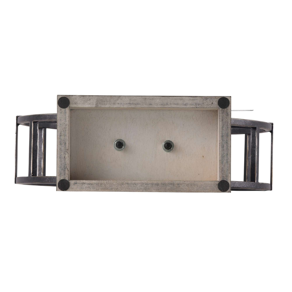 Top view of a rectangular wooden box with black metal handles.