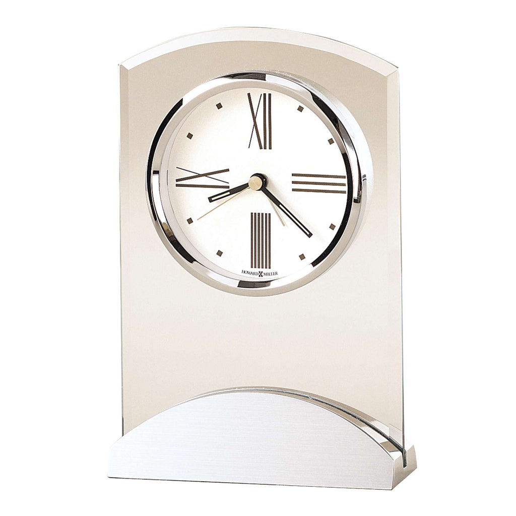 A modern silver desk clock with Roman numerals and a sleek design.