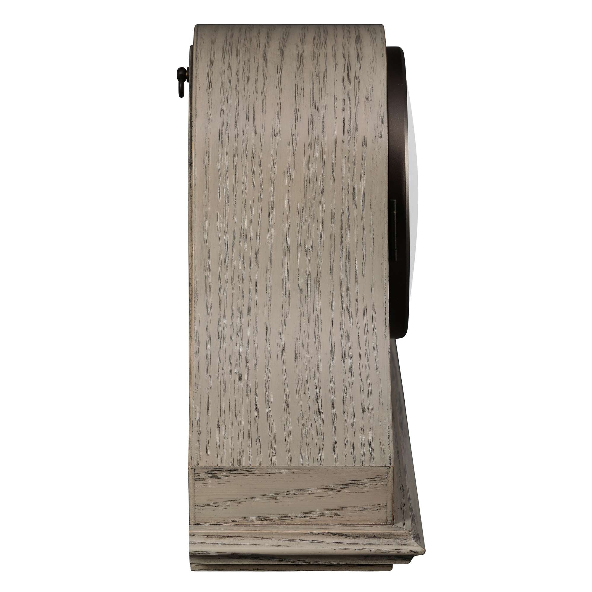 Side view of a modern clock with a wooden finish.