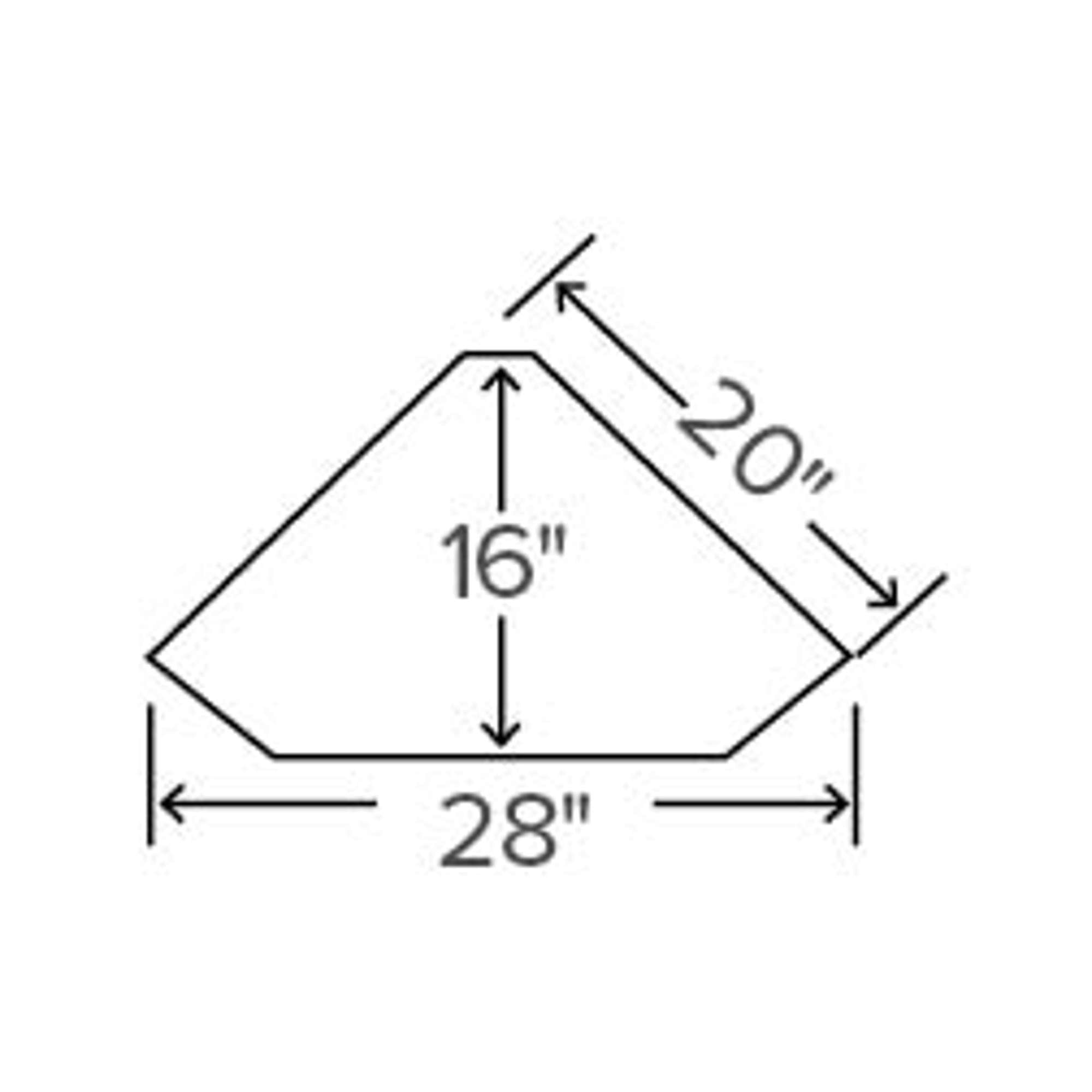 Diagram showing dimensions of a geometric shape with measurements of 20 inches, 16 inches, and 28 inches.