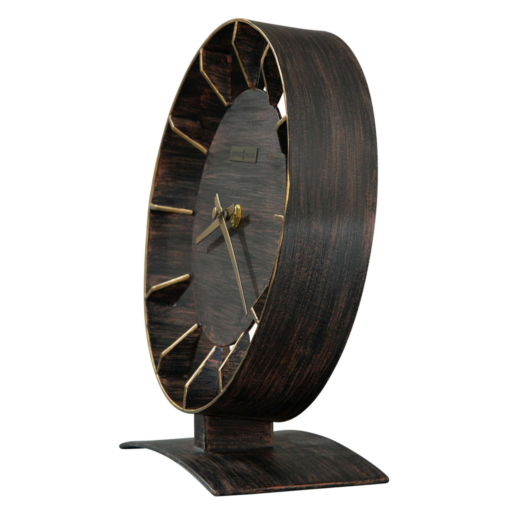 A modern decorative tabletop clock with a unique oval design and wooden texture.
