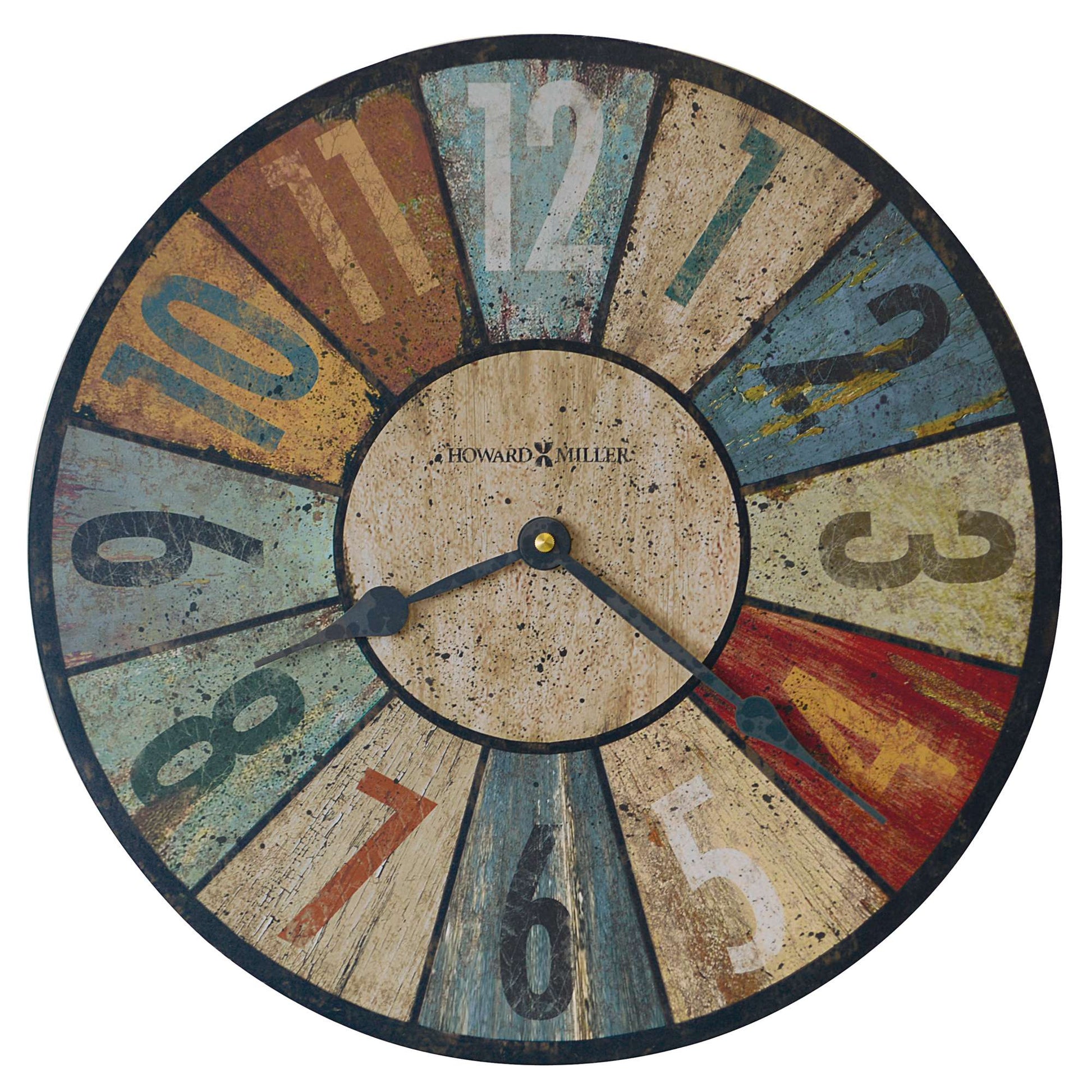 Colorful round wall clock with large numbers and a vintage design.