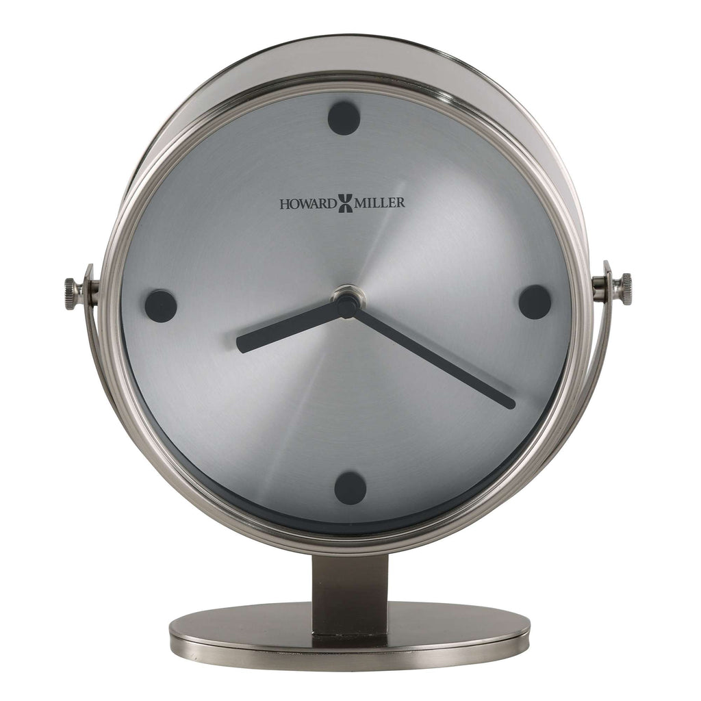 A stylish silver analog clock with a minimalist design.