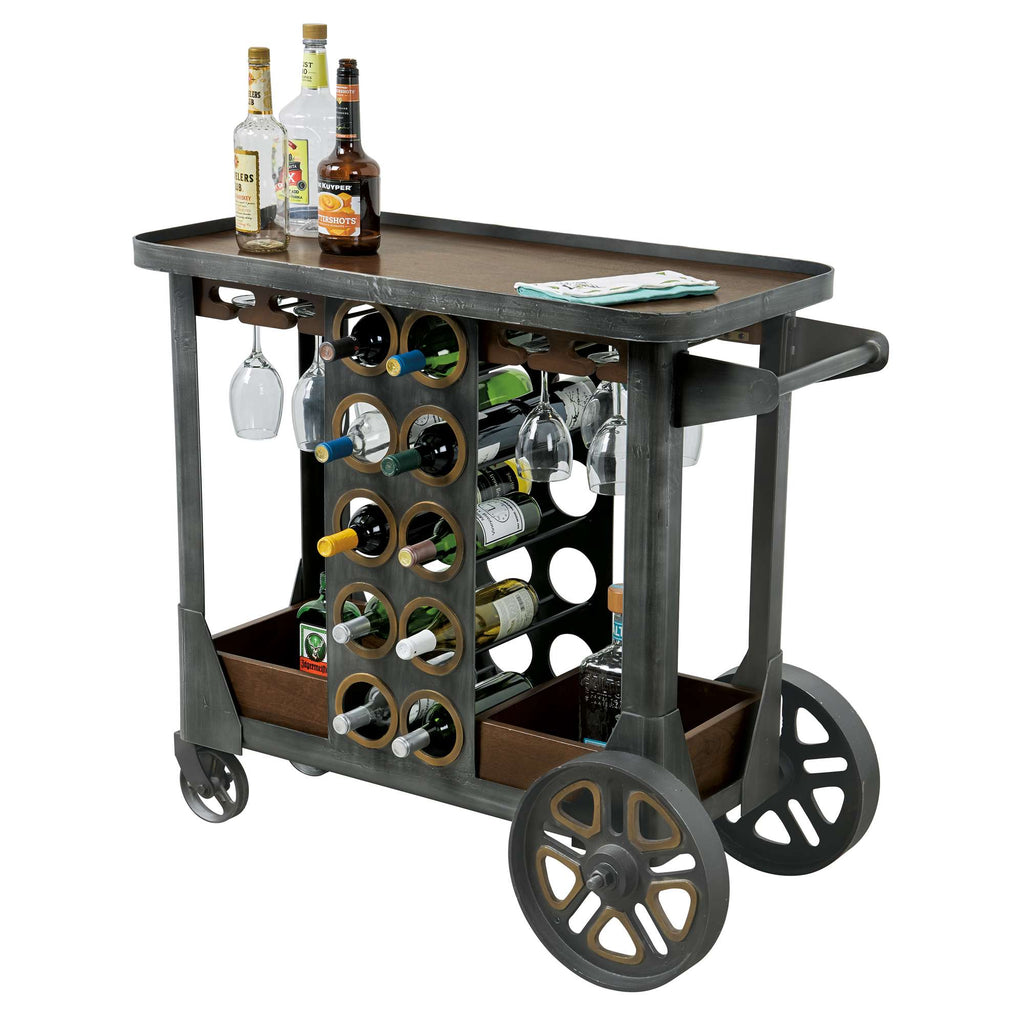 A stylish bar cart with wine bottles, glass holders, and a wooden top.