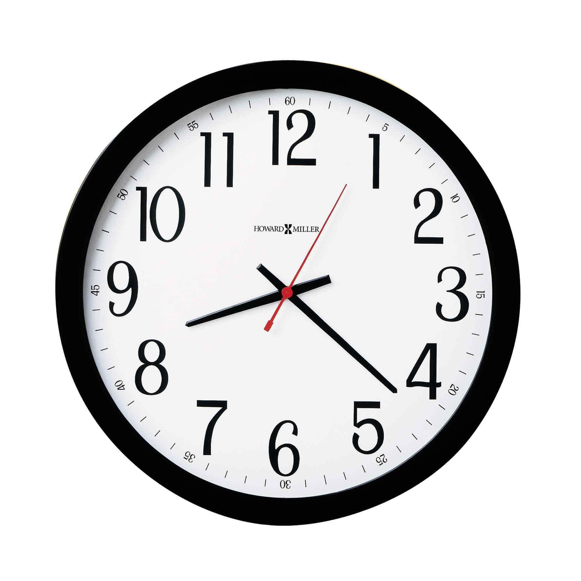 Round wall clock with black frame and white face showing the time