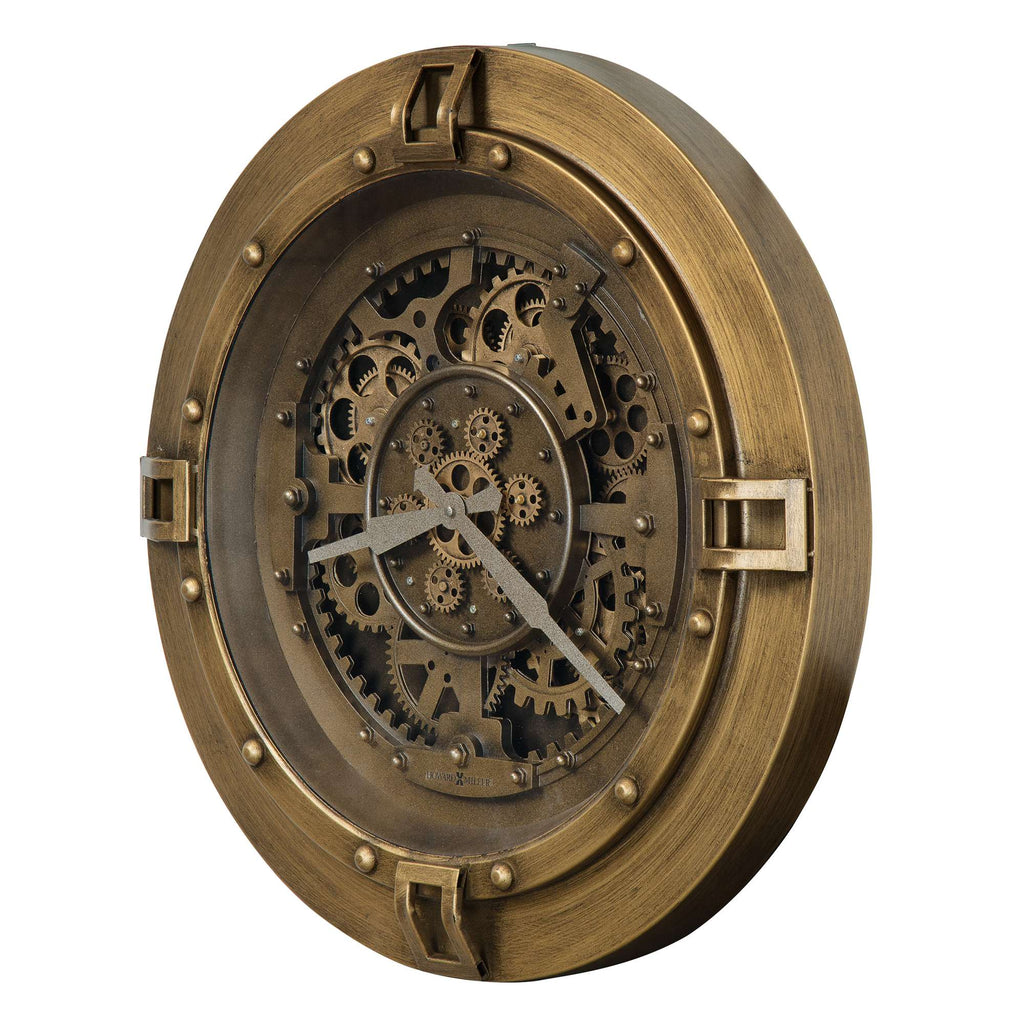 Vintage-style wall clock featuring intricate gears and a metallic finish.