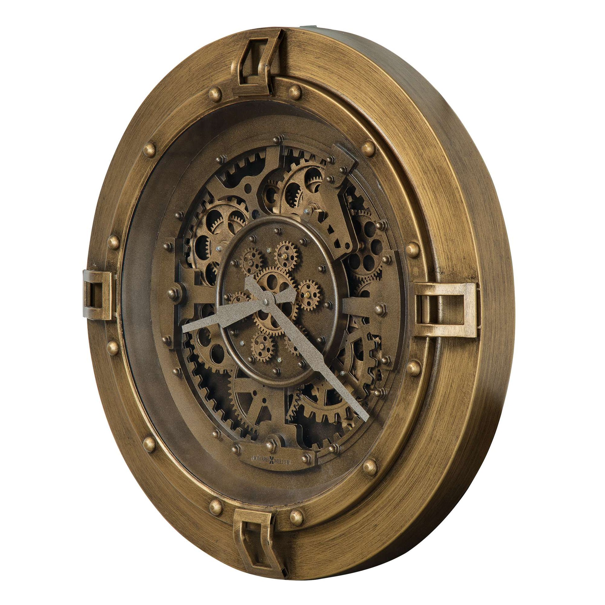 Vintage-style wall clock featuring intricate gears and a metallic finish.