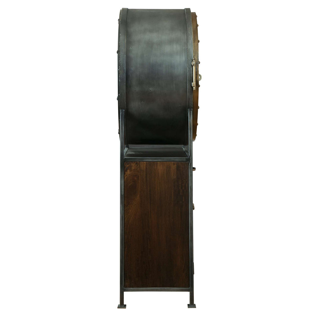 A vintage-style drum with a wooden base and metal frame, viewed from the side.