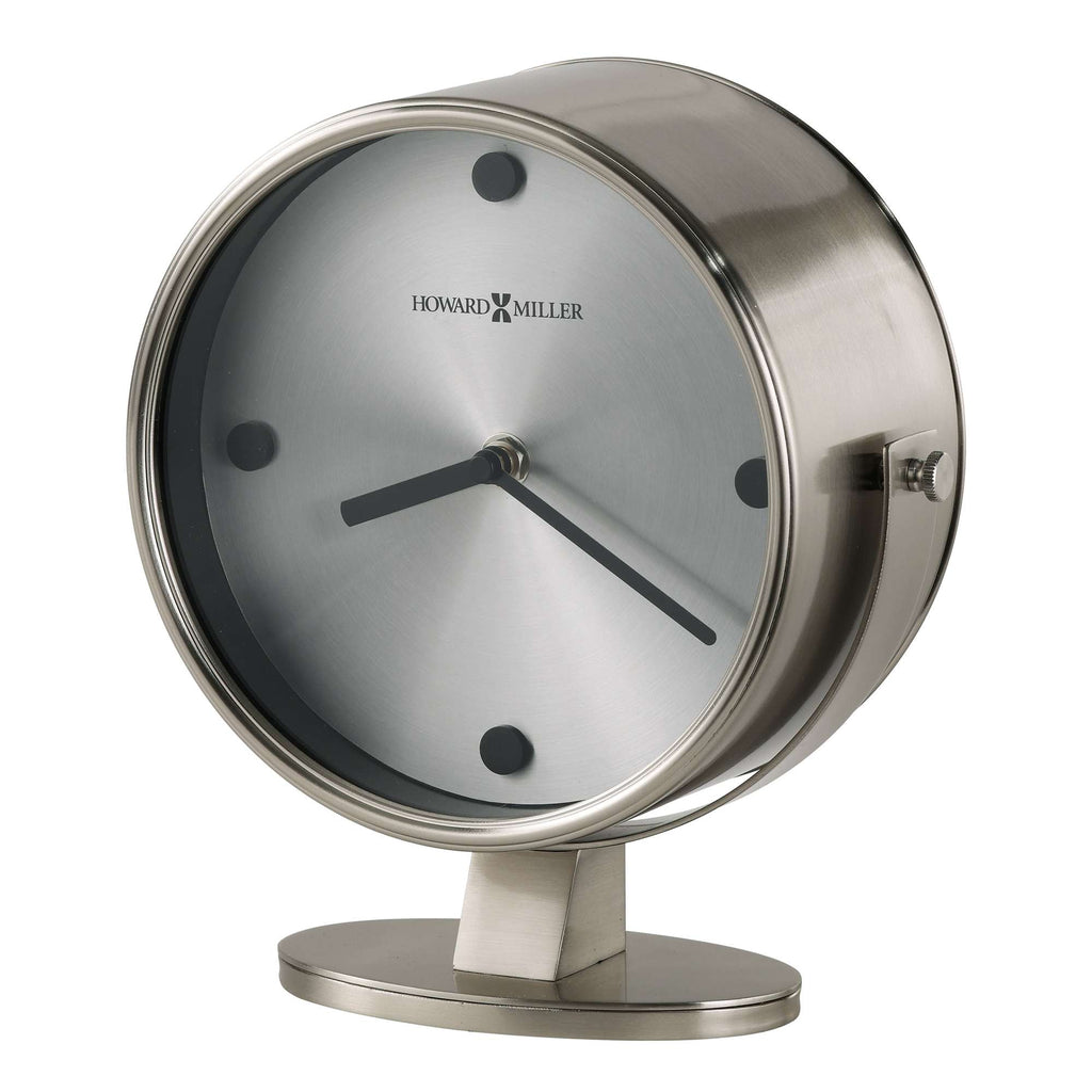 Modern metal desk clock with a sleek design and minimalistic features.
