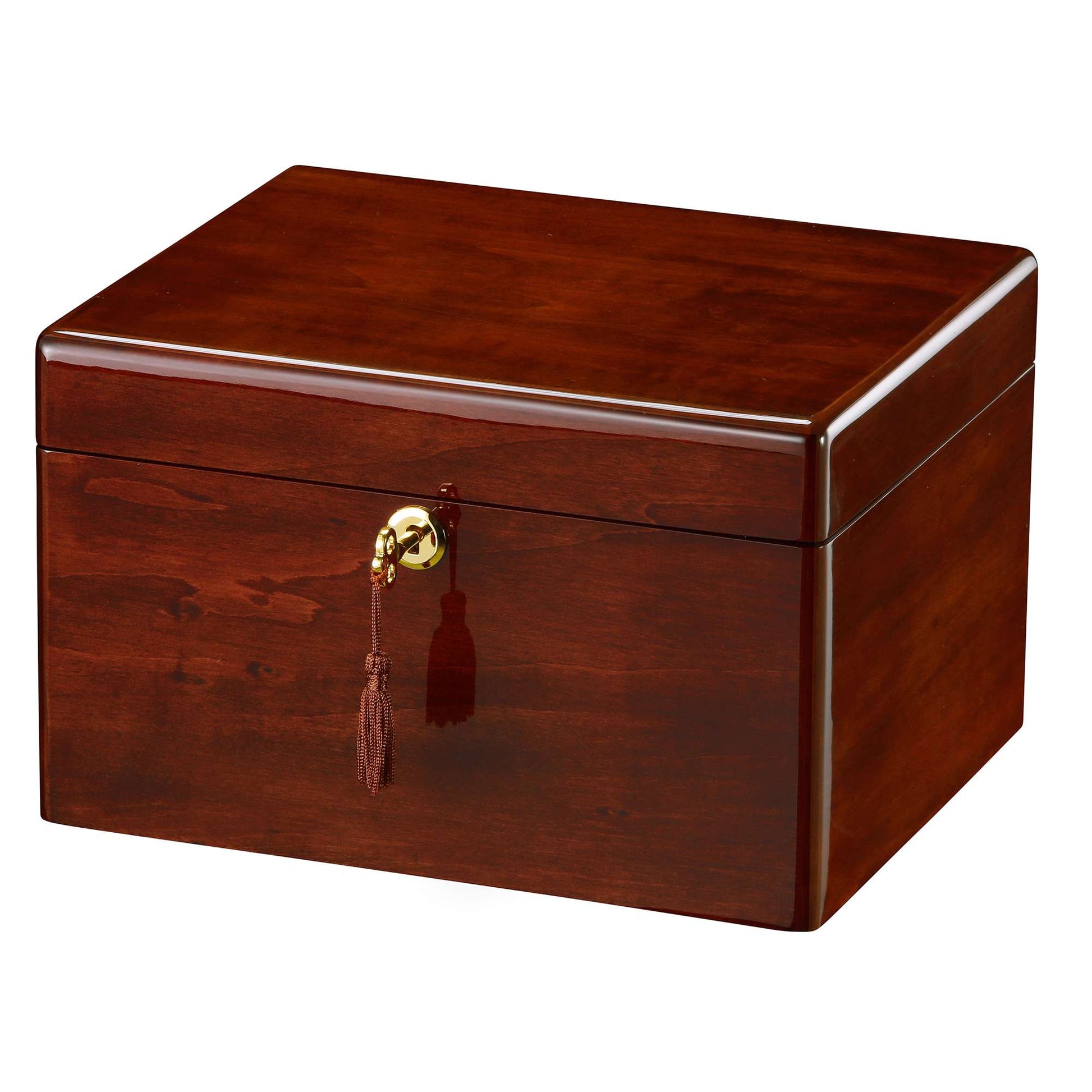 A polished wooden storage box with a brass clasp and a decorative tassel