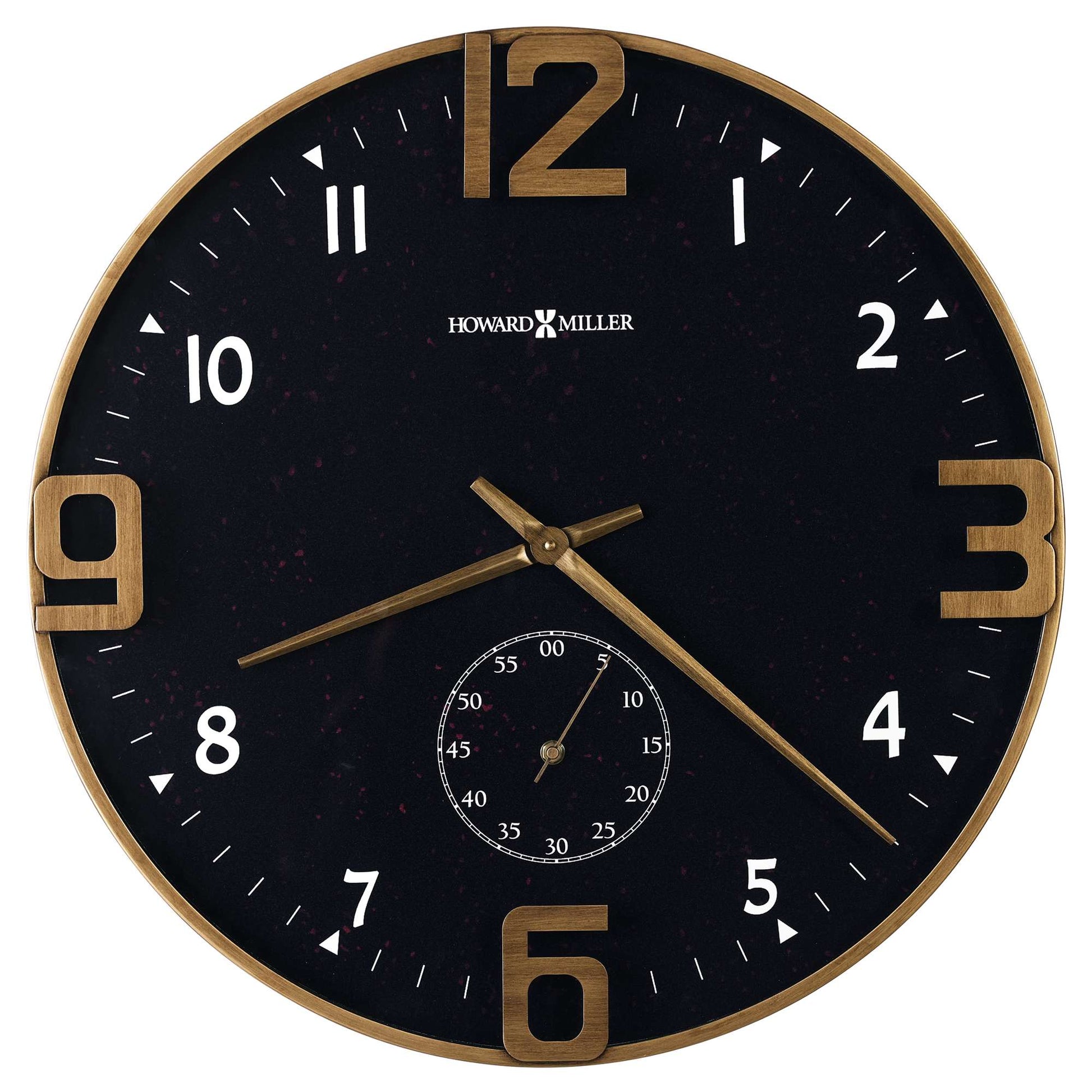 Round black wall clock with gold accents and a smaller clock face