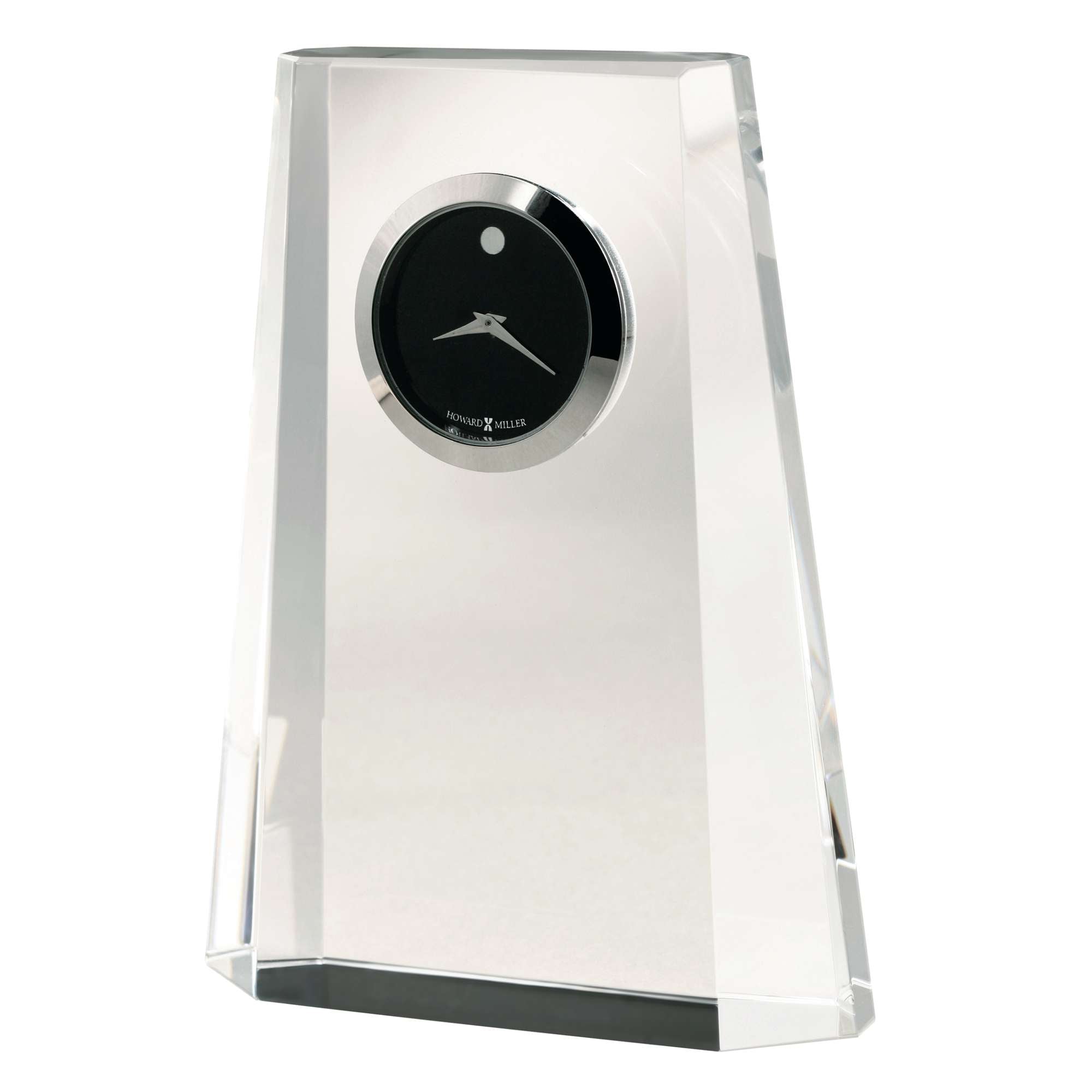 A modern transparent desk clock with a black face and silver accents.