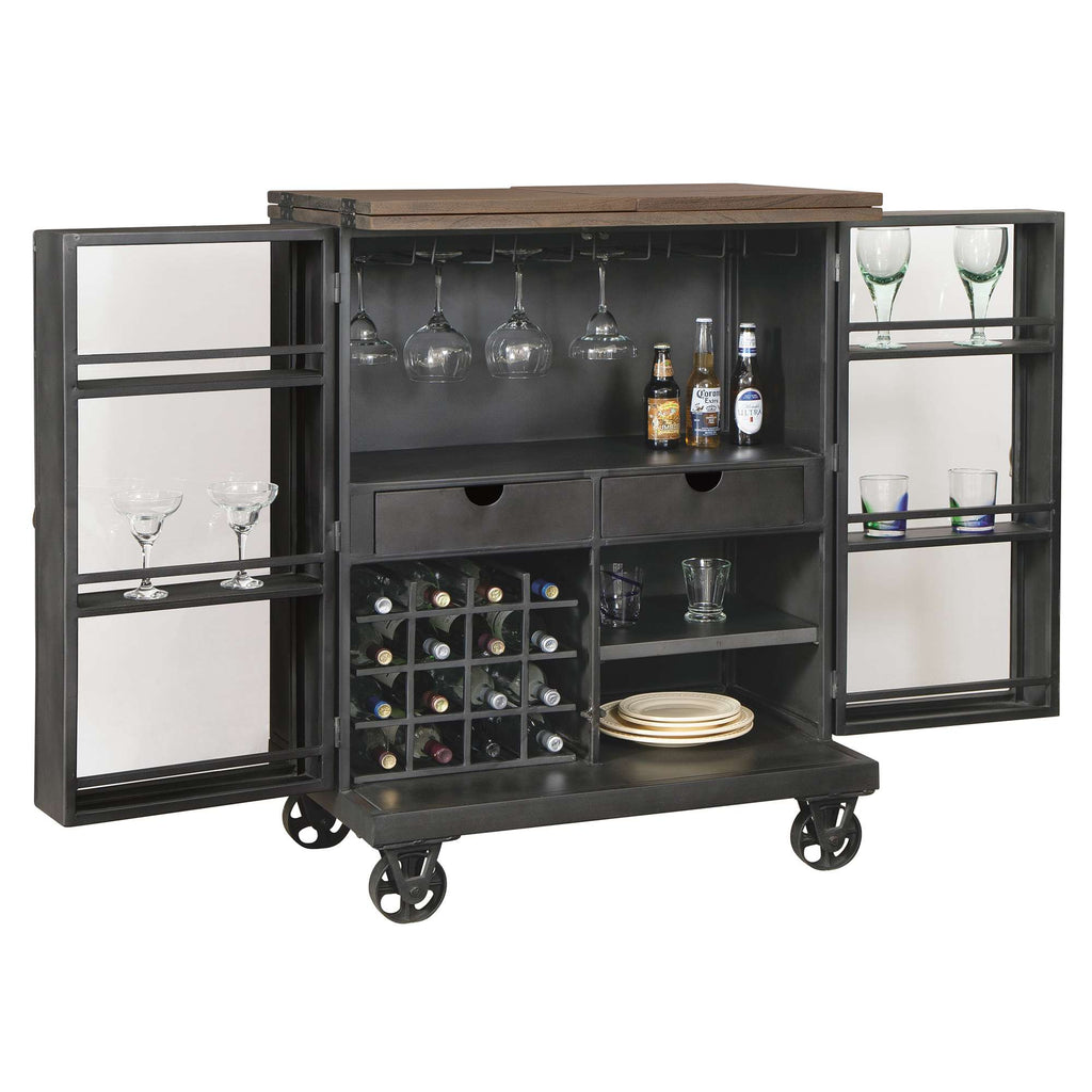 A stylish bar cart with an open design, featuring wine storage, glasses, and beverages.
