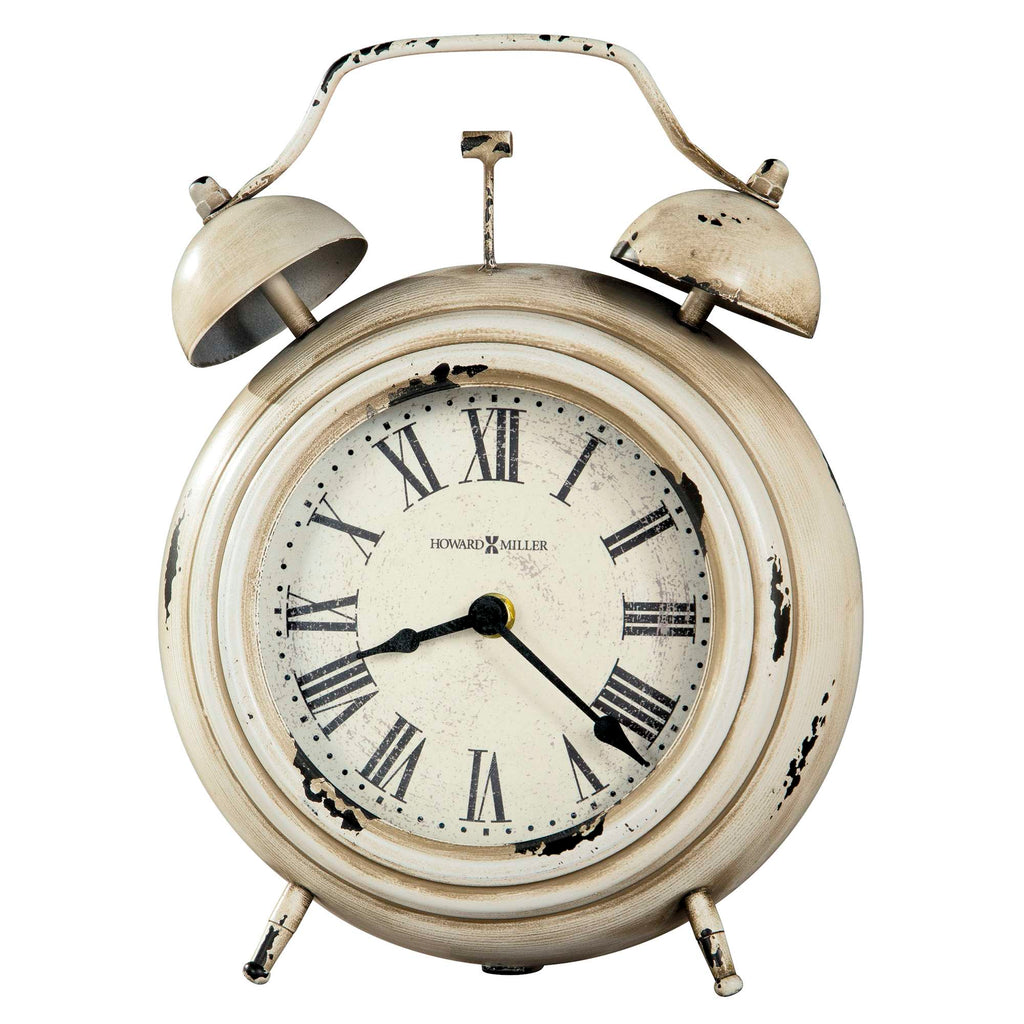 Vintage-style alarm clock with Roman numerals and a distressed finish.