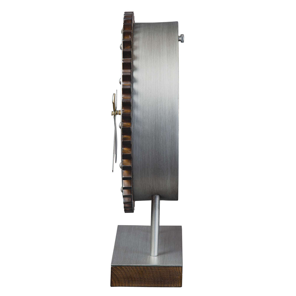 Side view of a modern clock with a metal body and wooden accents.