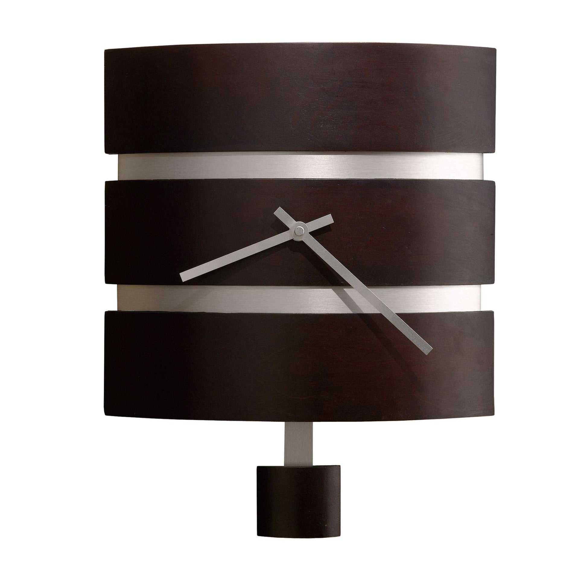 Modern wall clock with dark wooden rings and a sleek silver clock face.