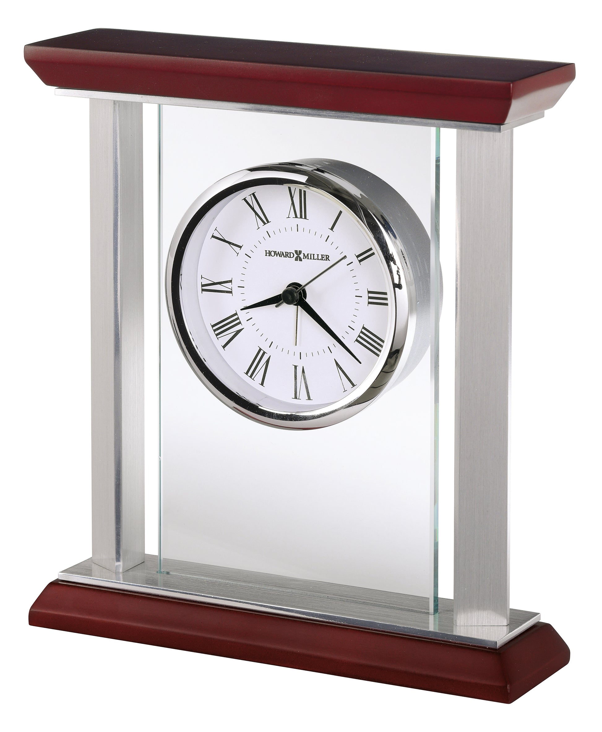 Elegant tabletop clock with a silver frame and wooden base