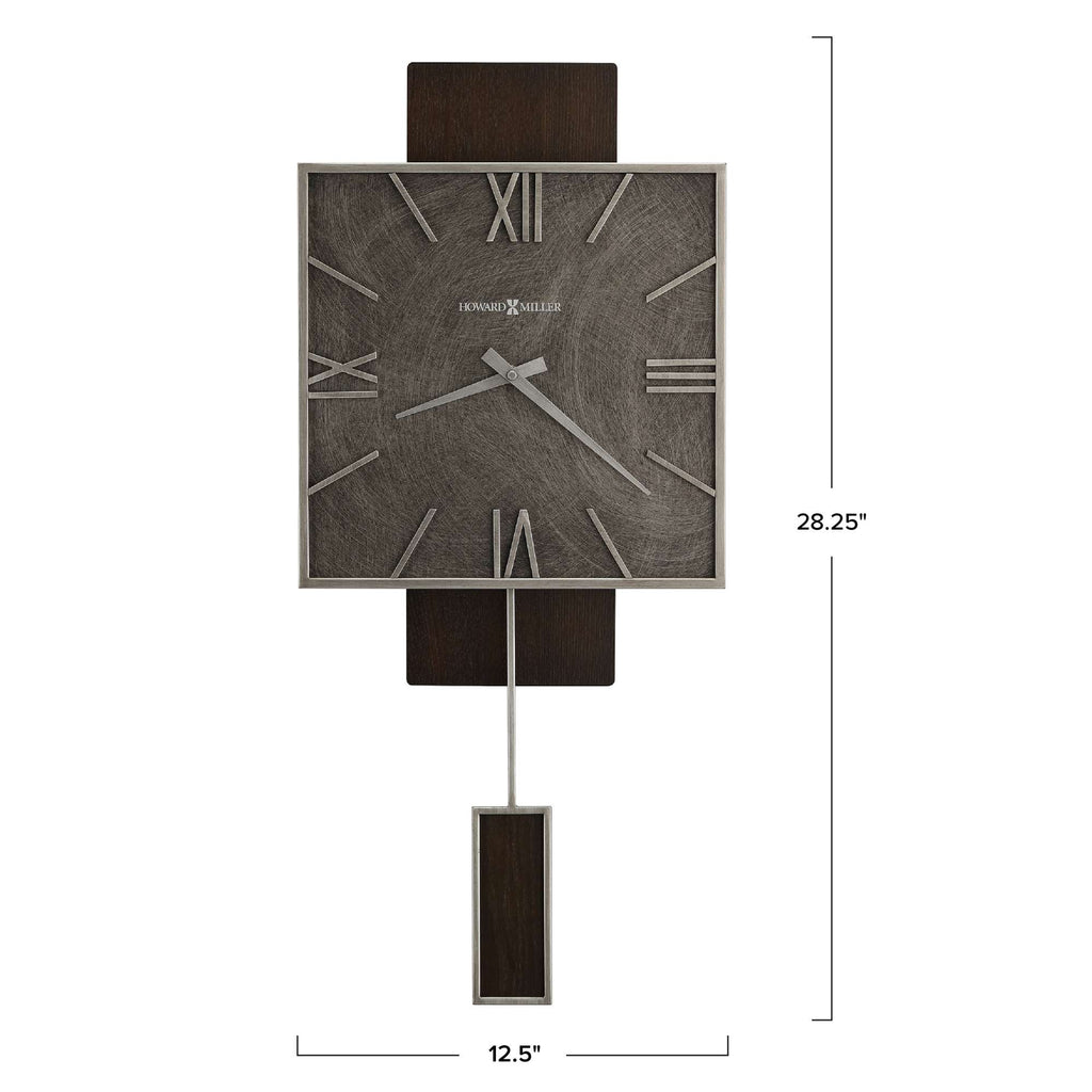 Square wall clock with Roman numerals and pendulum, measuring 28.25 inches by 12.5 inches.