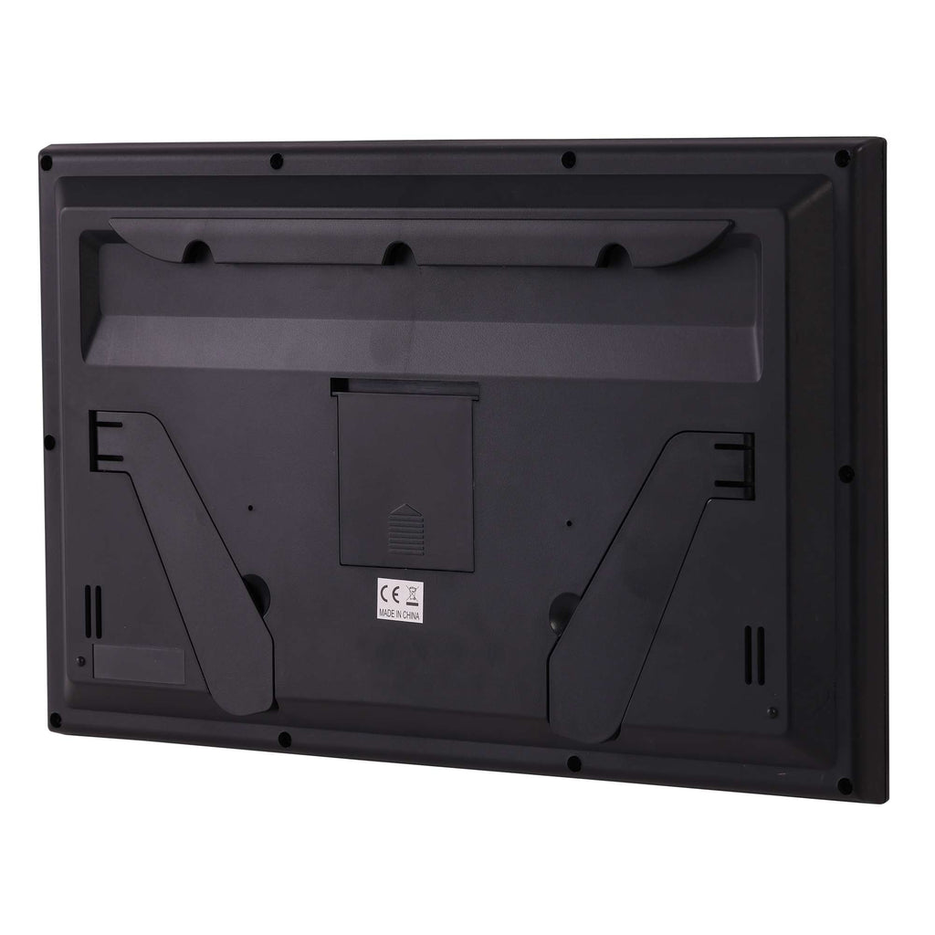 Back view of a black electronic device with mounting features