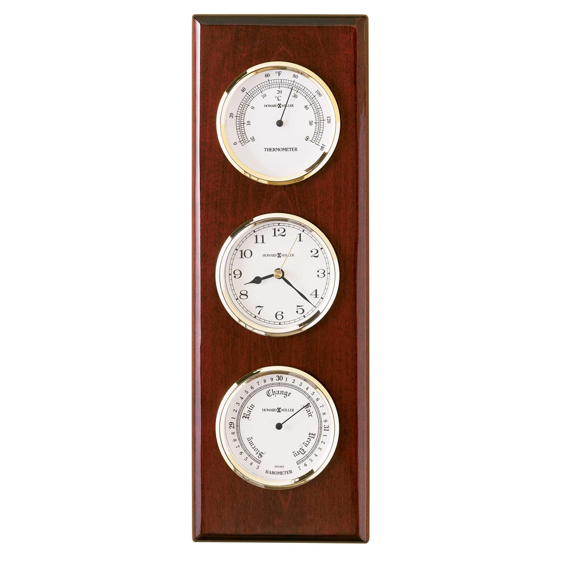 Wall-mounted wood panel with a clock and barometer