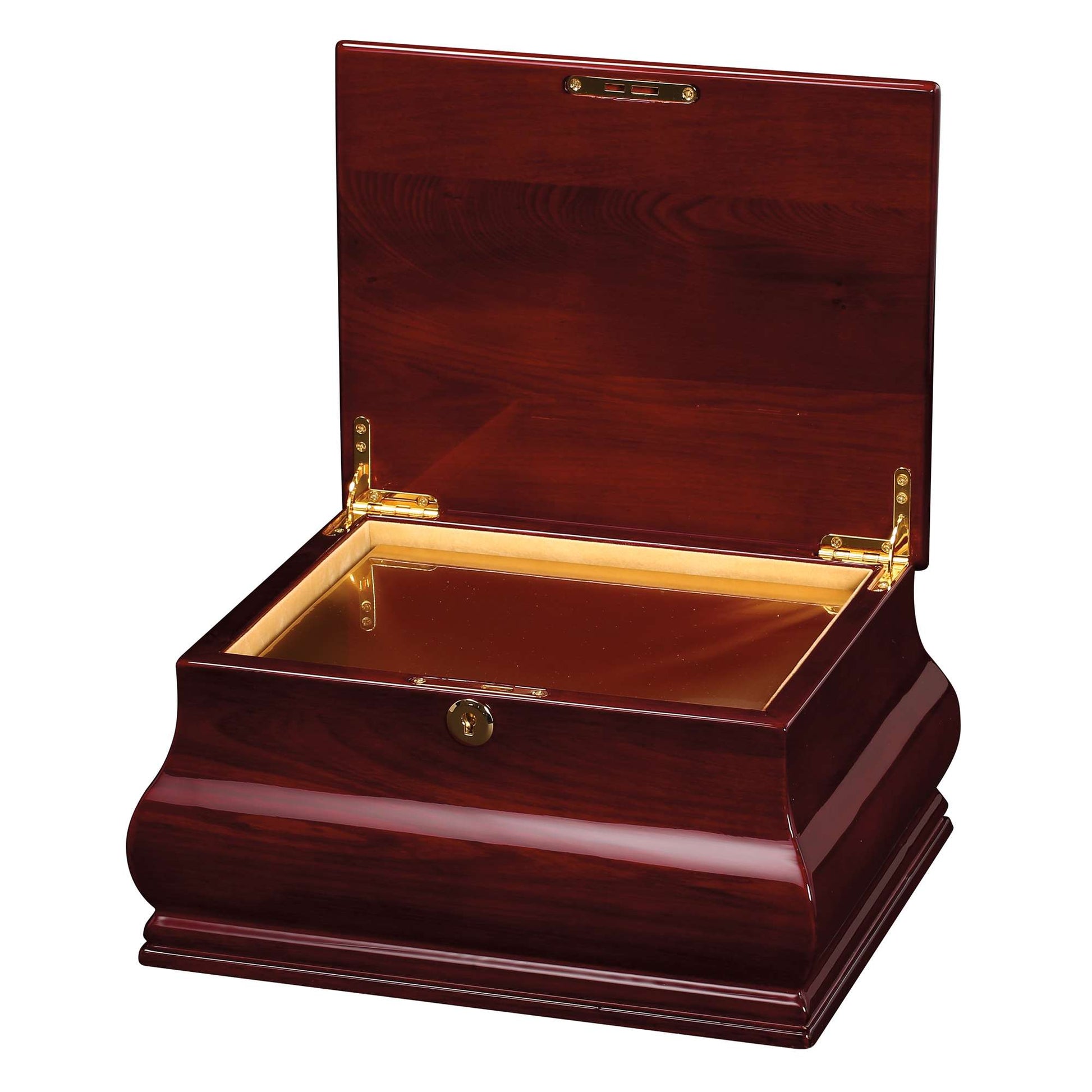Open wooden jewelry box with a glossy finish