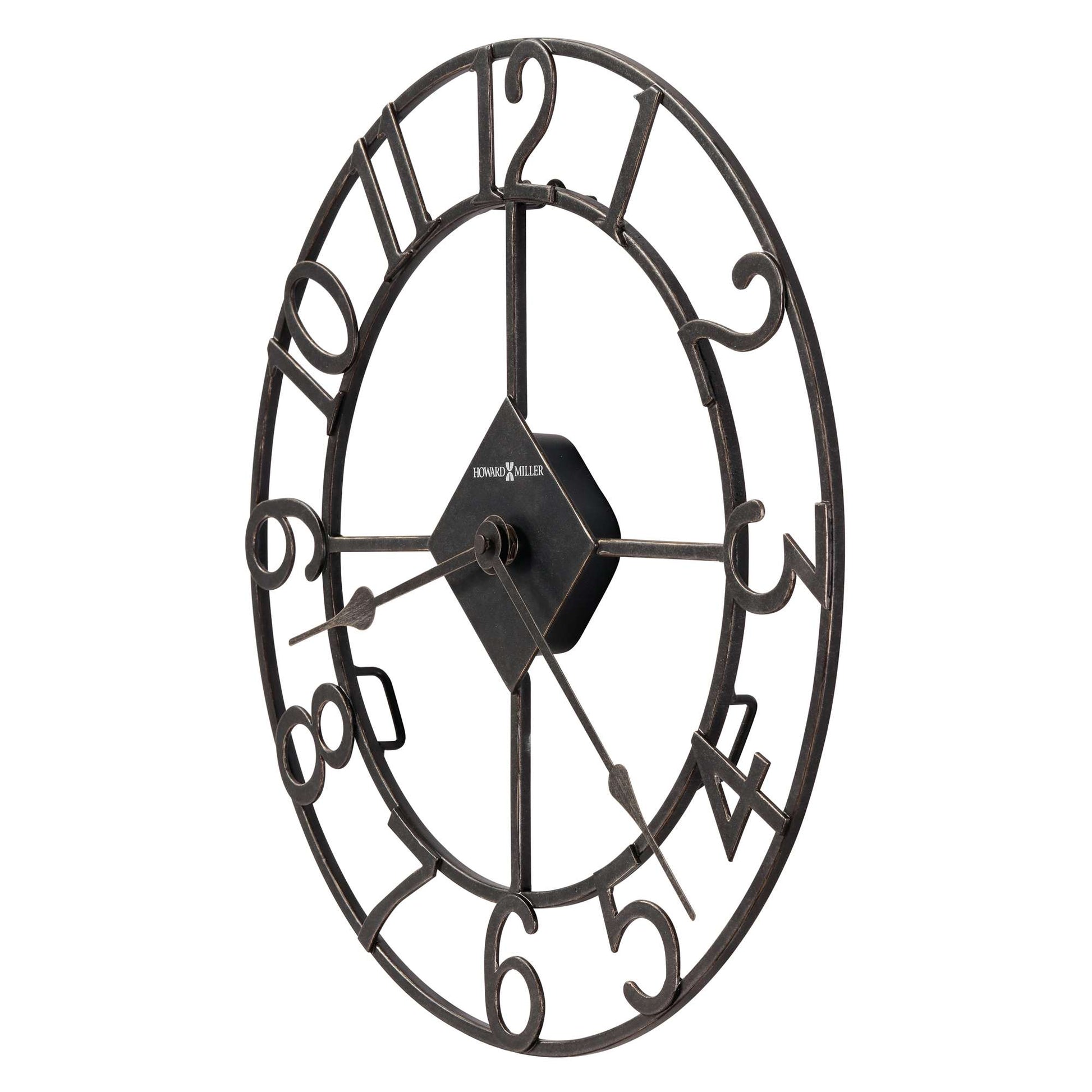 Antique-style wall clock with large black numbers on an openwork frame