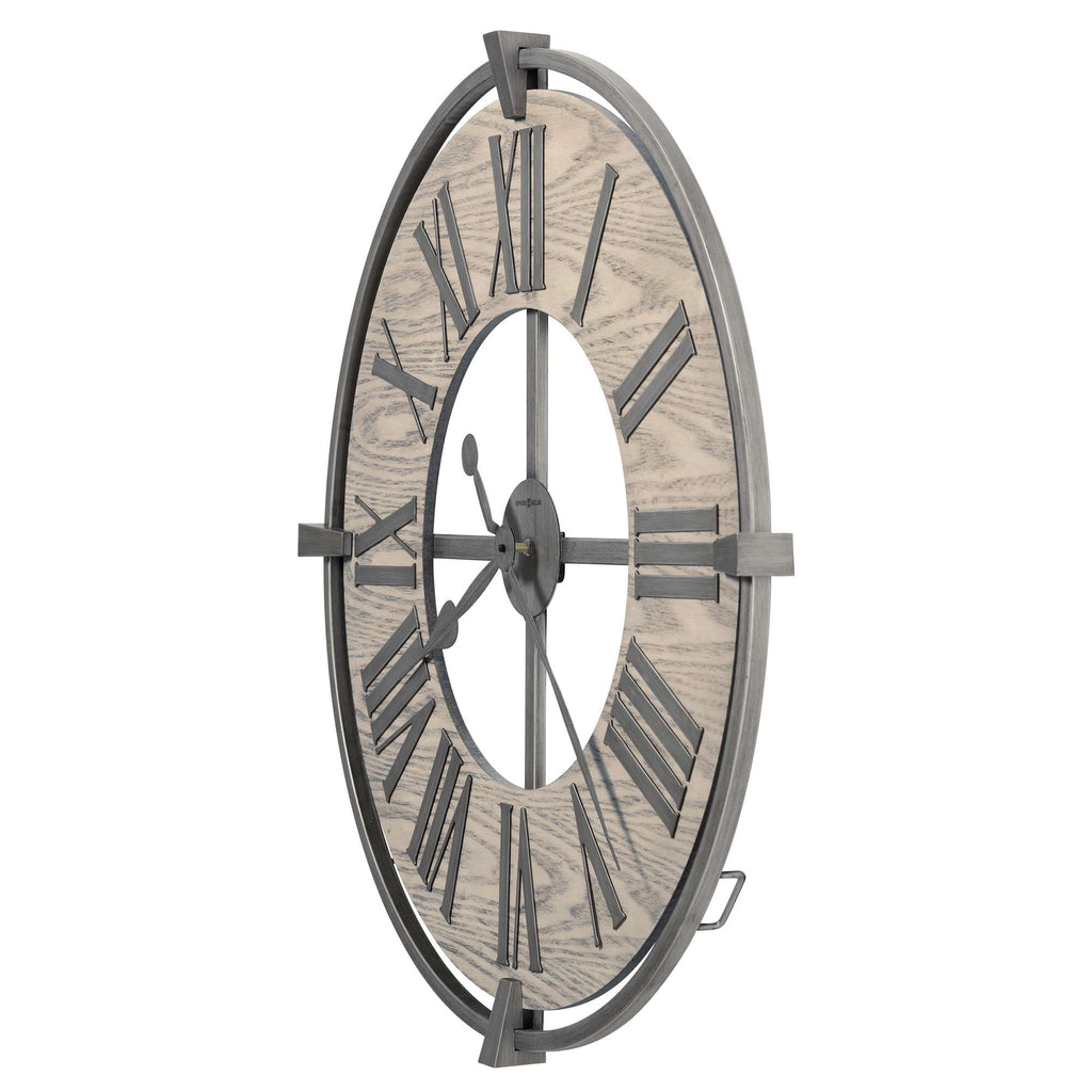 Decorative oval wall clock with Roman numerals and a wooden finish
