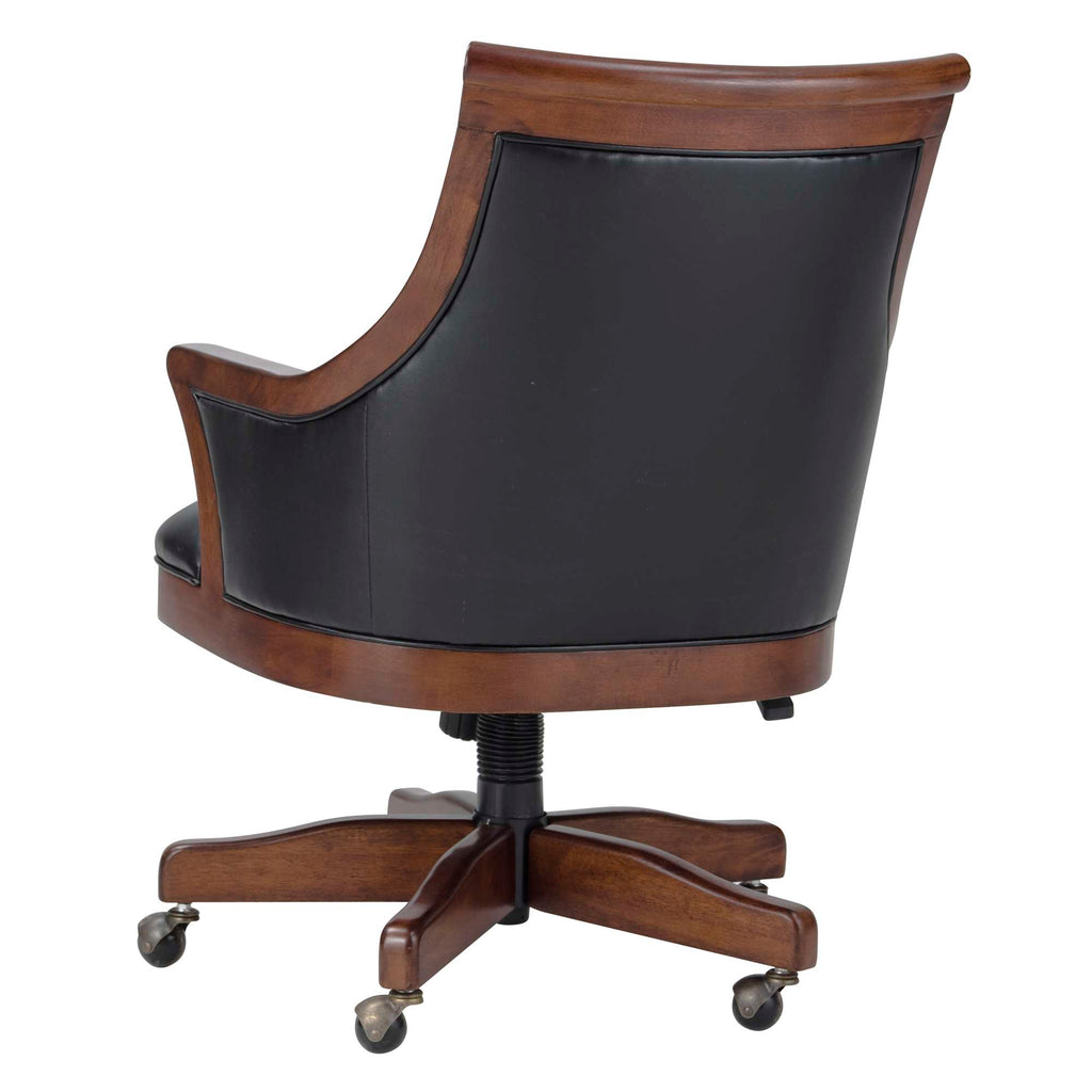A stylish office chair with a wooden frame and black leather upholstery, viewed from the back.