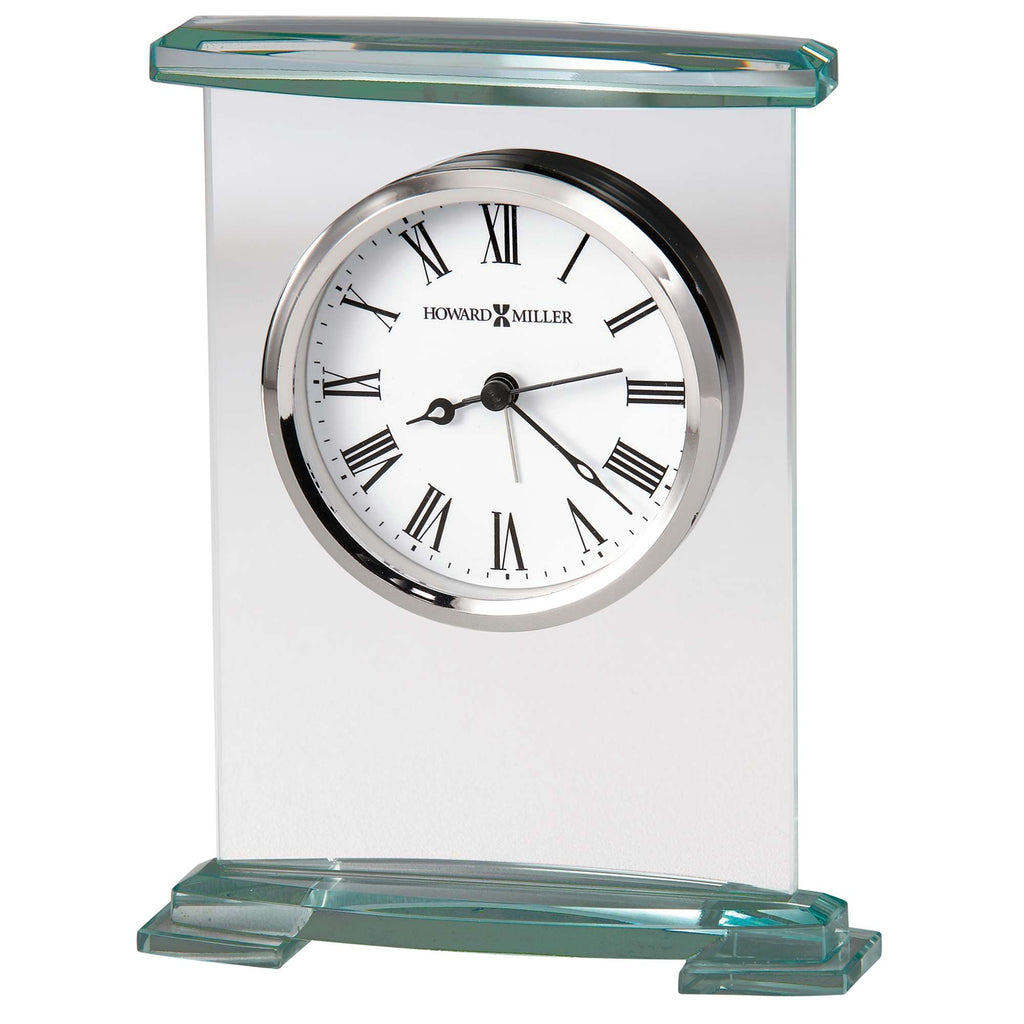 A modern glass clock with a white face and Roman numerals, featuring a polished silver rim.