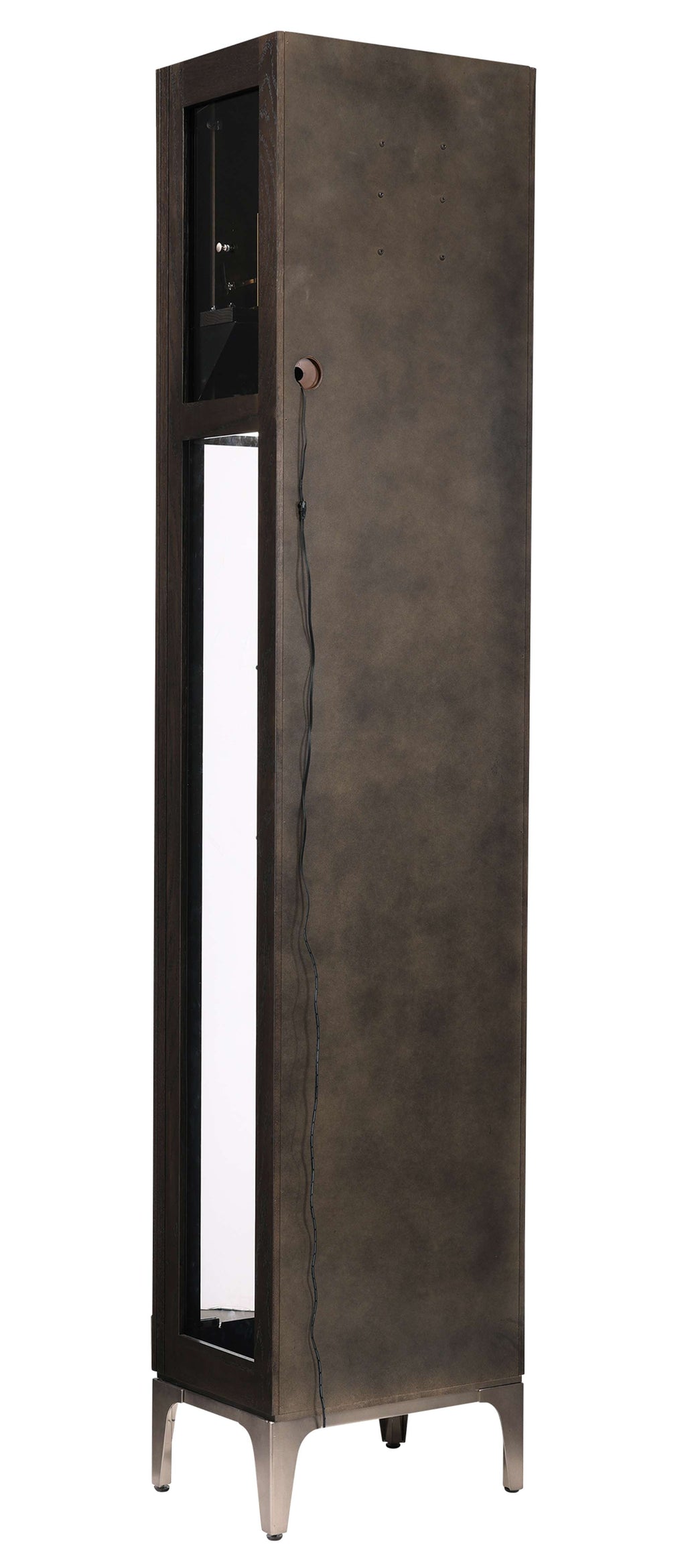 Slim, tall display cabinet with a metallic finish and glass front.